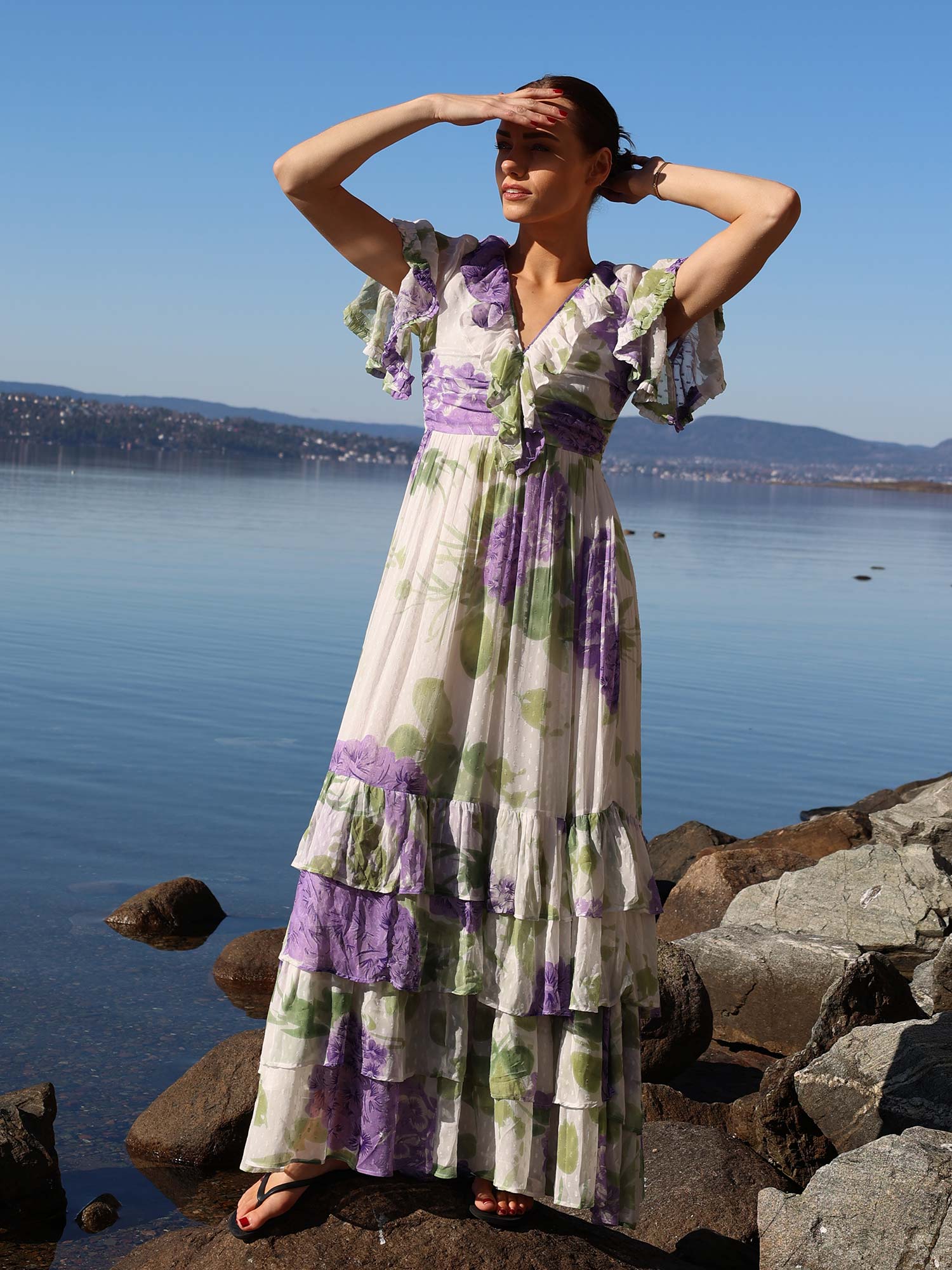 Dotted Georgette Rouching Dress - Purple Flowerfield