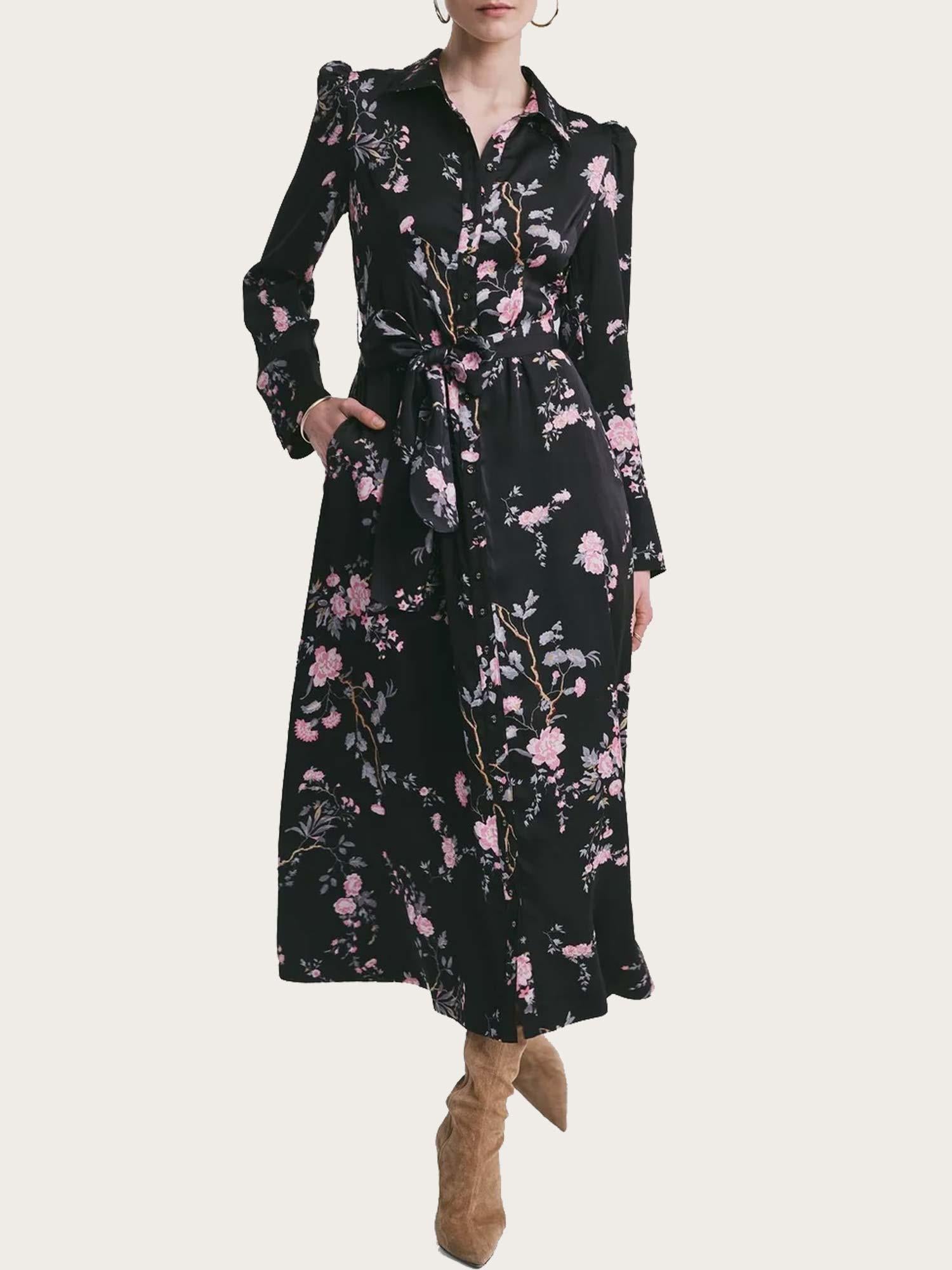 Satin Belt Dress - Midnight Garden