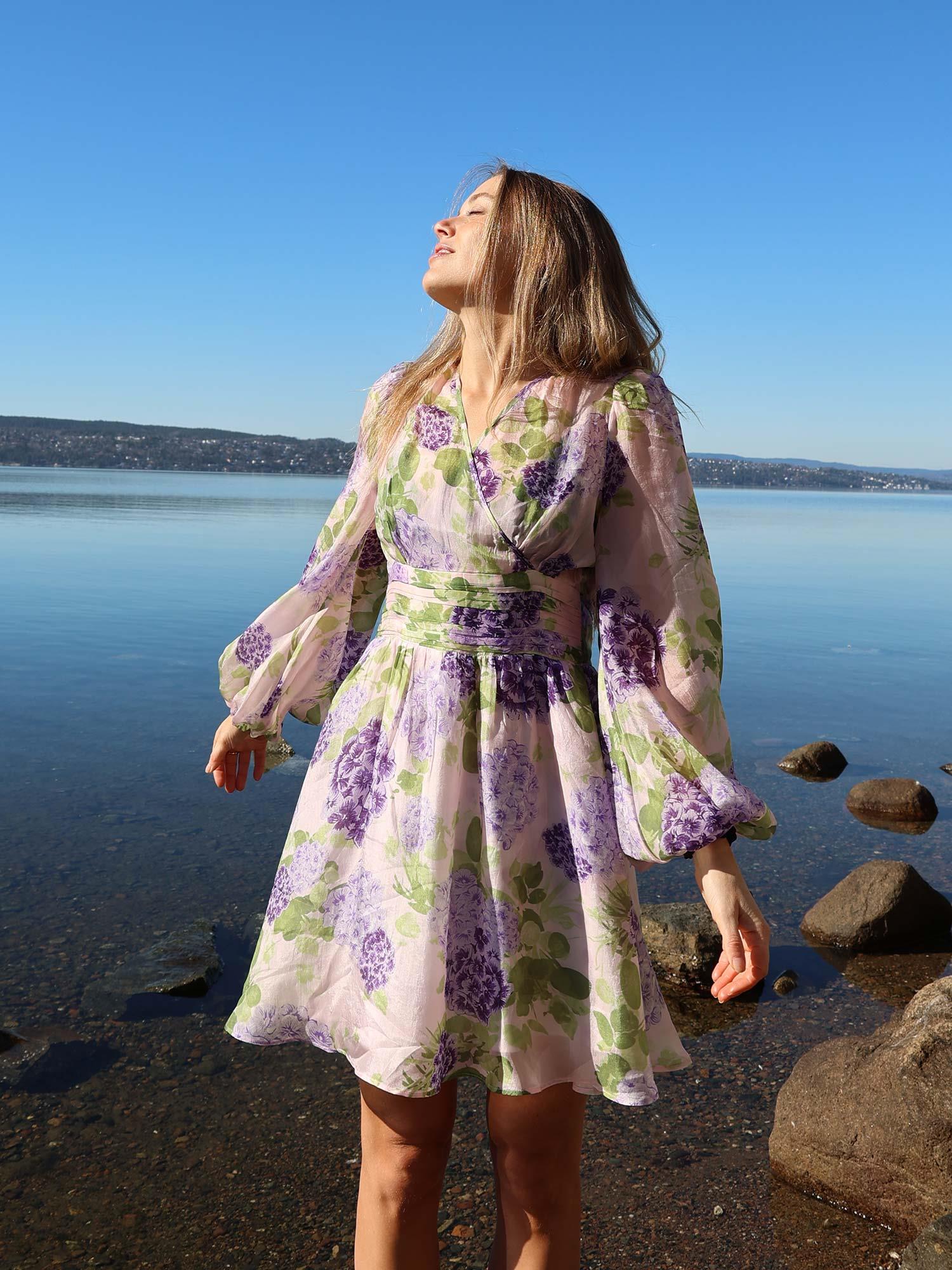 Cupro Tieband Dress - Purple Flowerfield