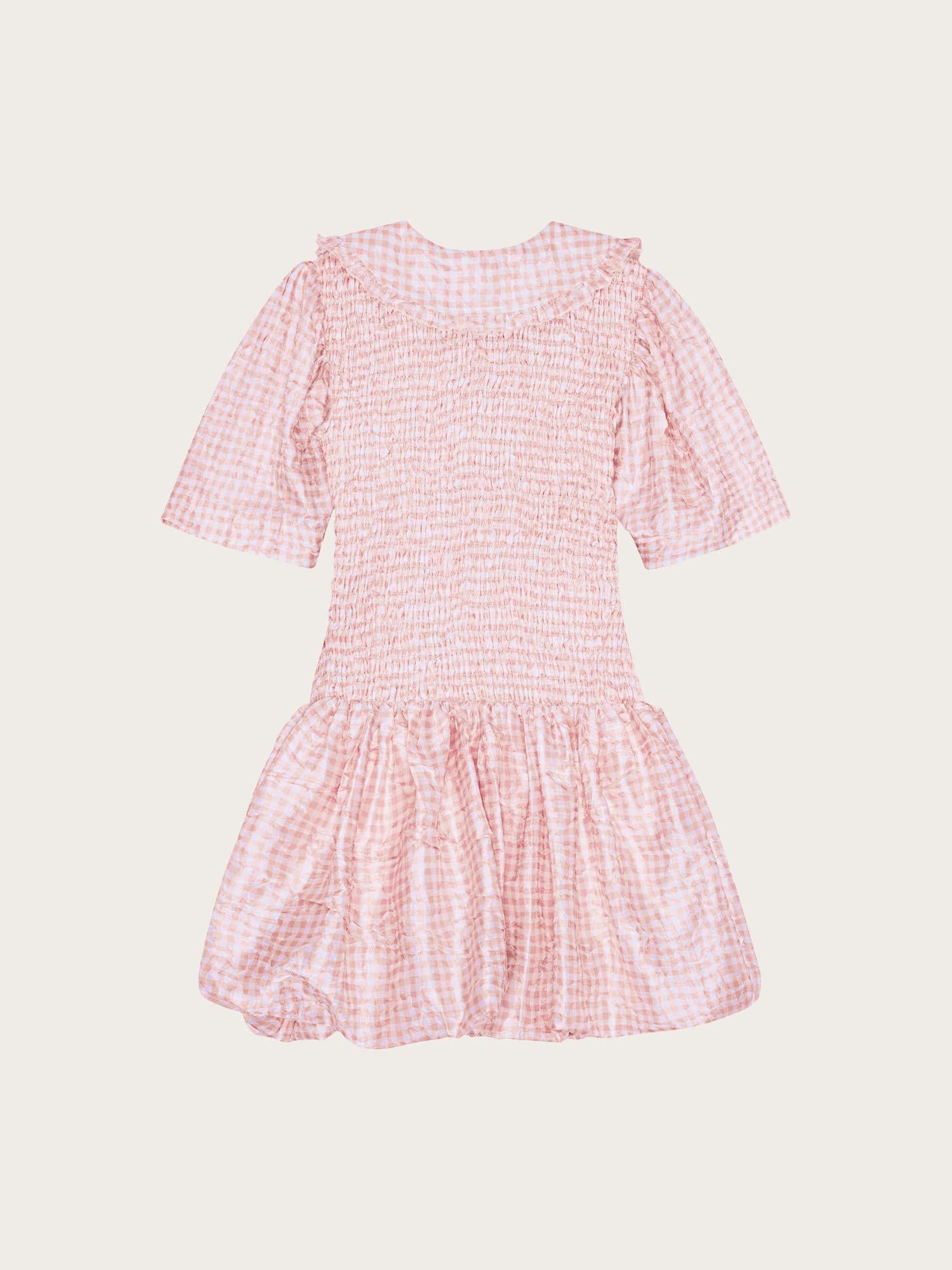 Shibori Pleat Mini Smock Bubble Dress - Bleached Mauve
