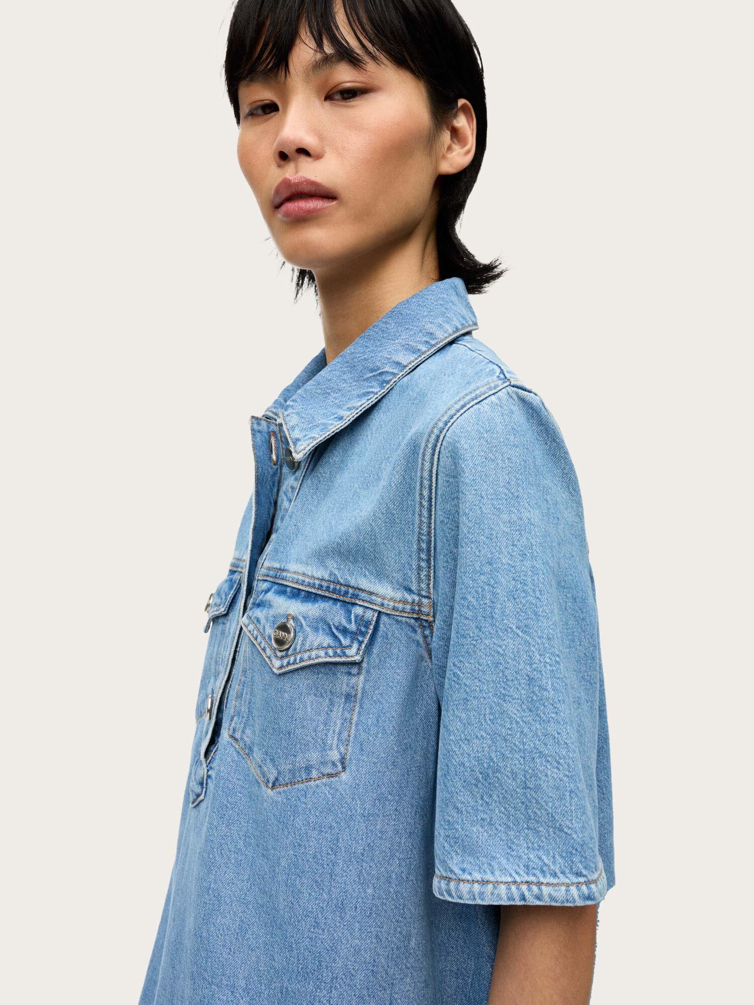 Broderie Anglaise Denim Mini Dress - Light Blue Stone