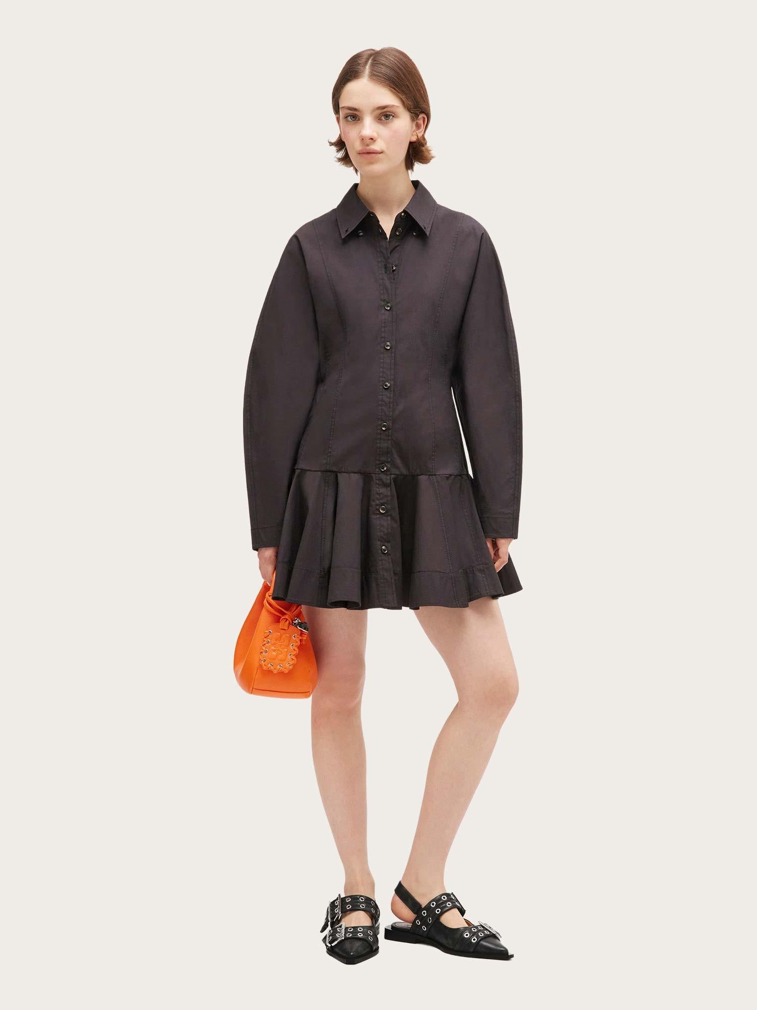 Stretch Cotton Buttoned Mini Dress - Black