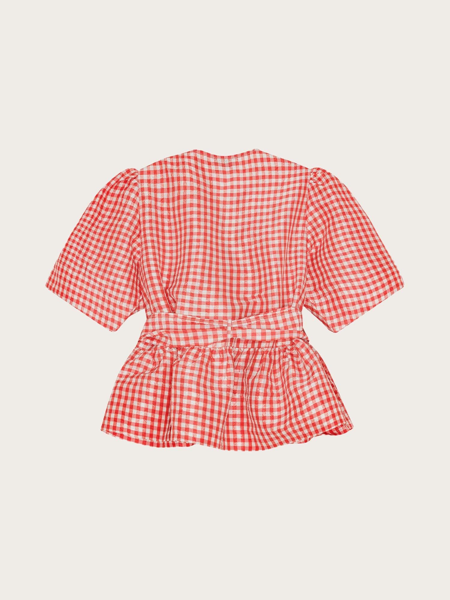 Crinkled Taffeta Check Tie Strap Blouse - Red Alert