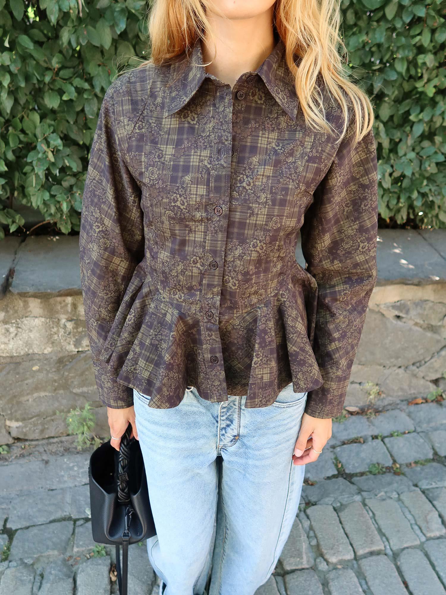Printed Stretch Cotton Peplum Shirt - Gothic Olive