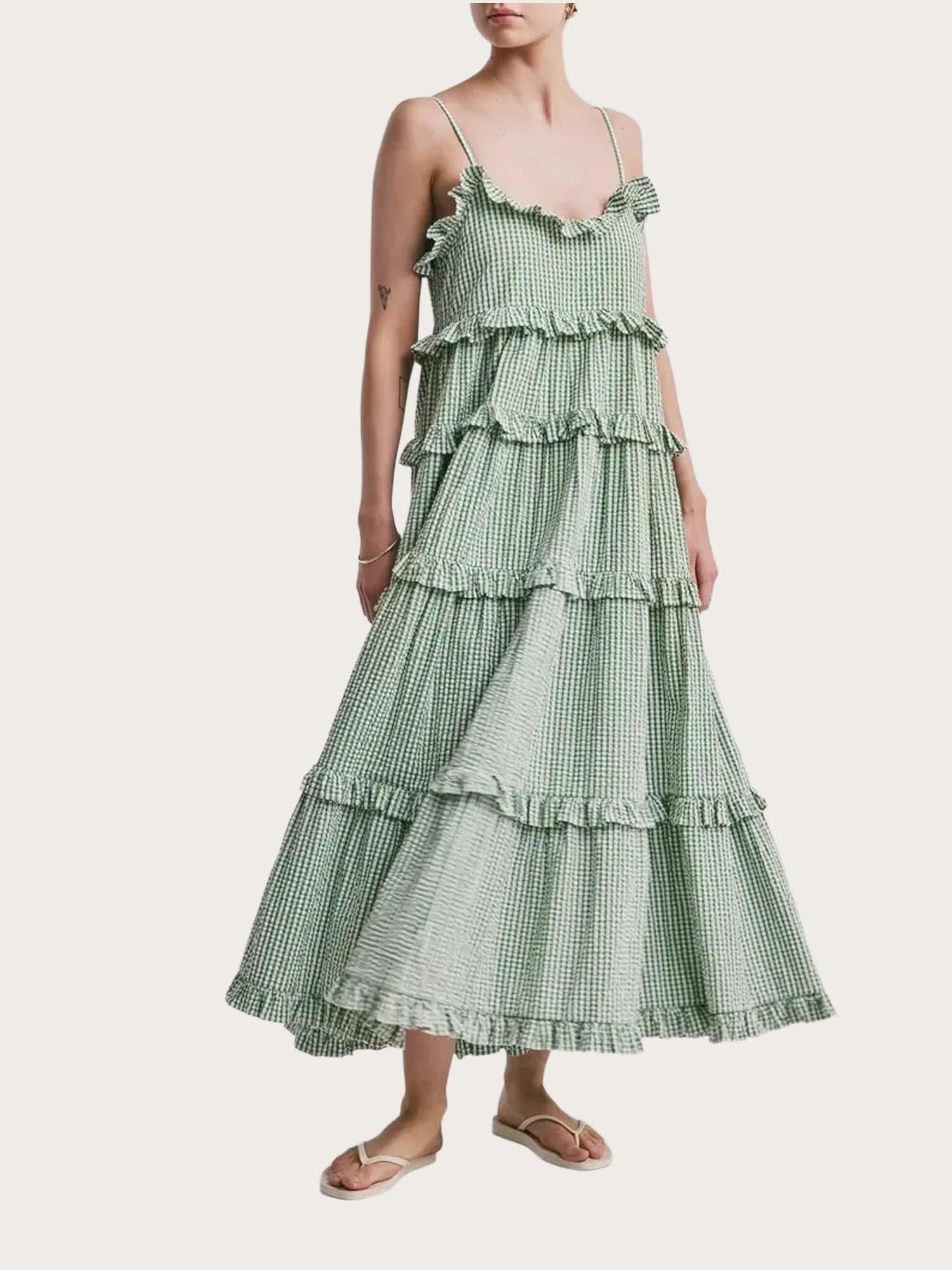 Seersucker Strap Dress - Green Checks