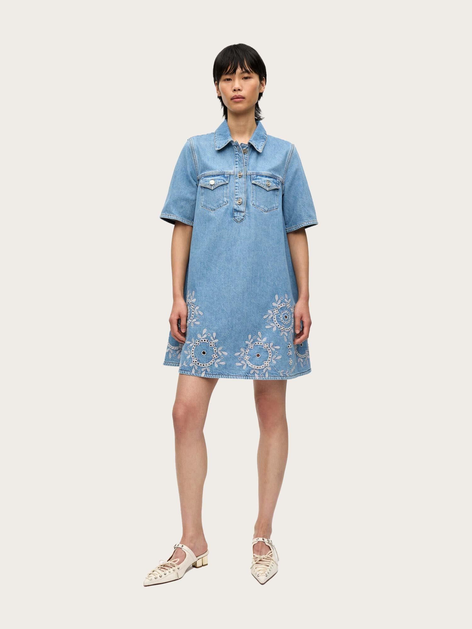 Broderie Anglaise Denim Mini Dress - Light Blue Stone
