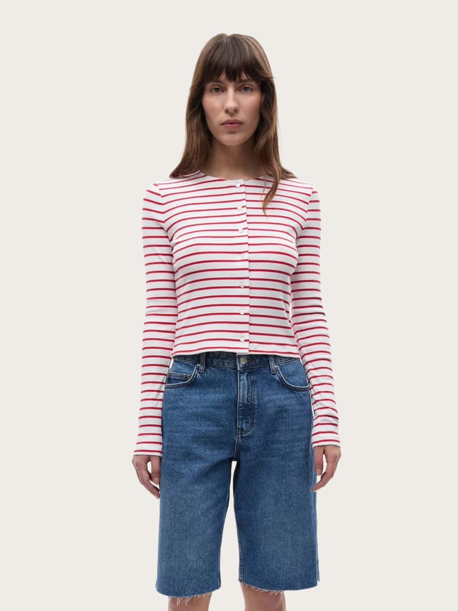 Enally LS O-N Cardigan ST - Salsa White Stripe