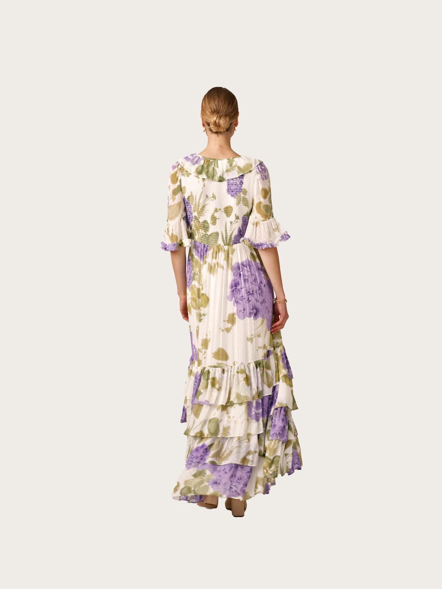 Dotted Georgette Rouching Dress - Purple Flowerfield