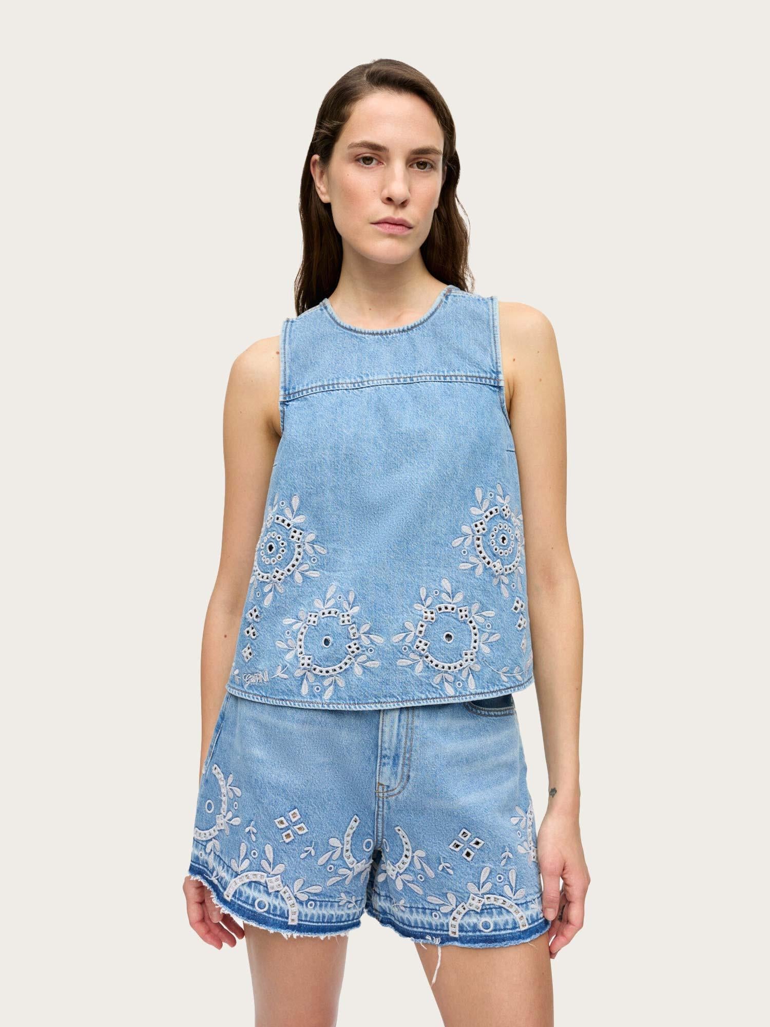 Broderie Anglaise Denim Top - Light Blue Stone