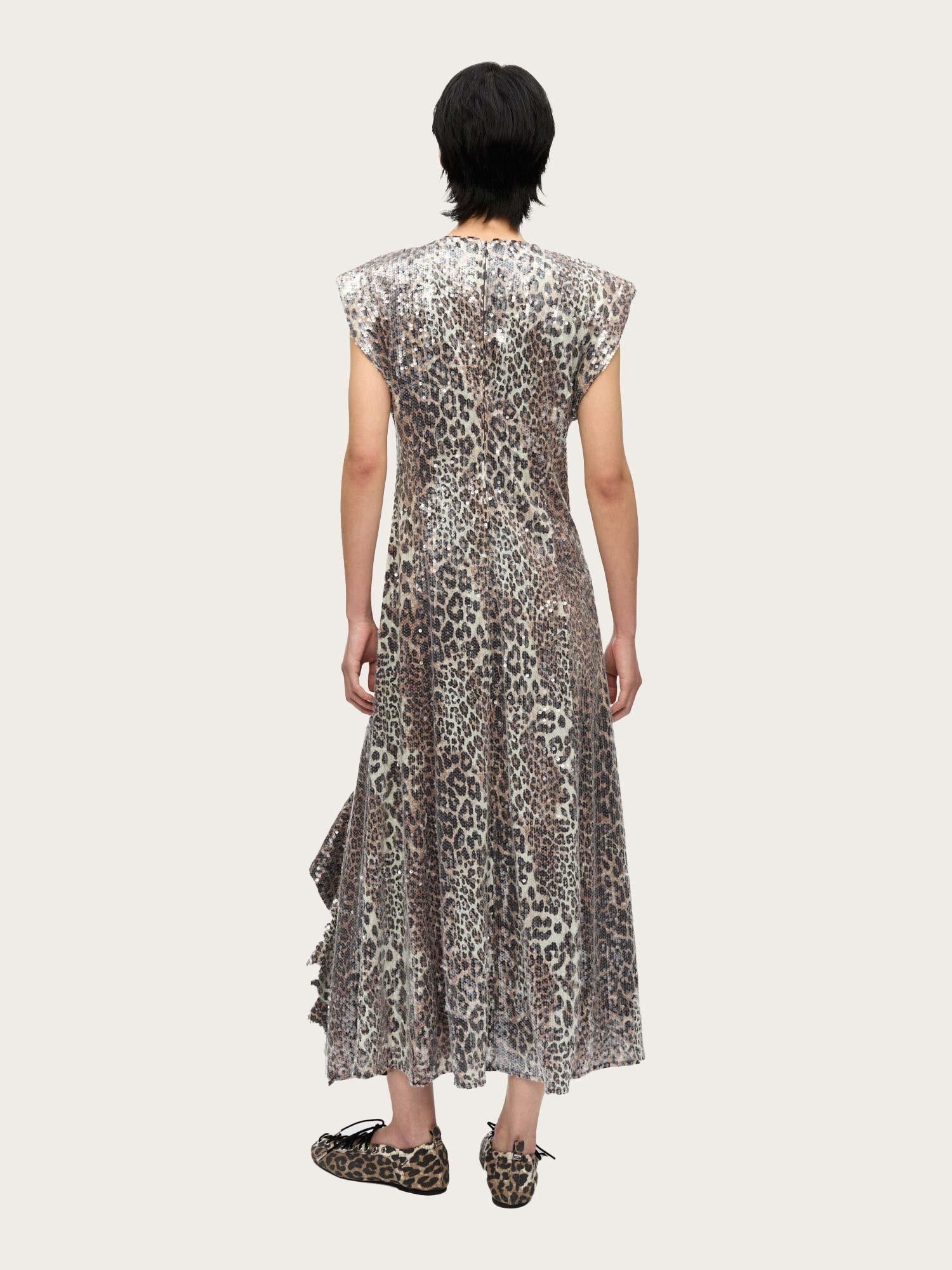 Printed Stretch Sequins Slit Long Dress - Leopard