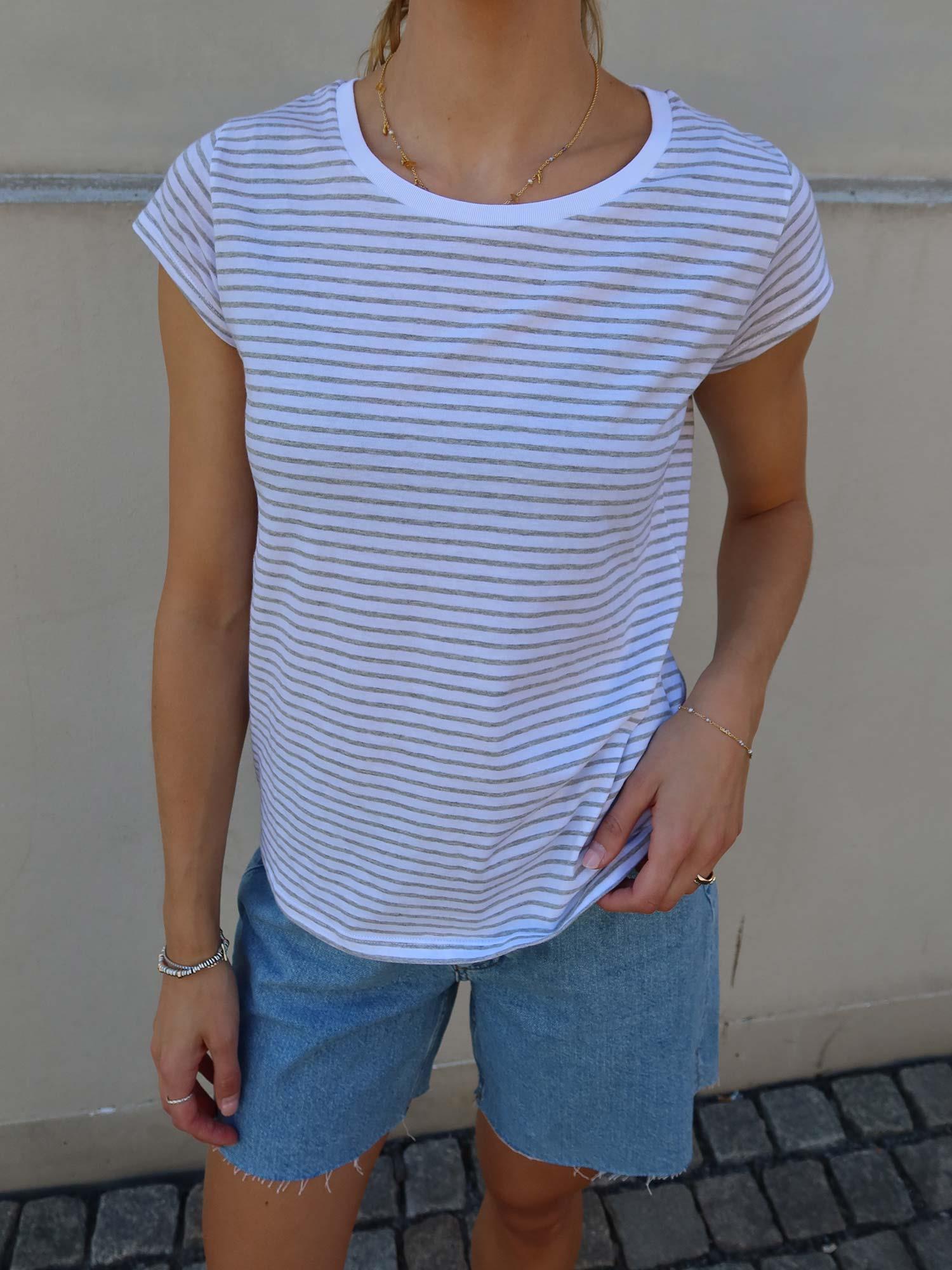 Fine Jersey Stripe Teasy Tee - Brilliant White/Light Grey