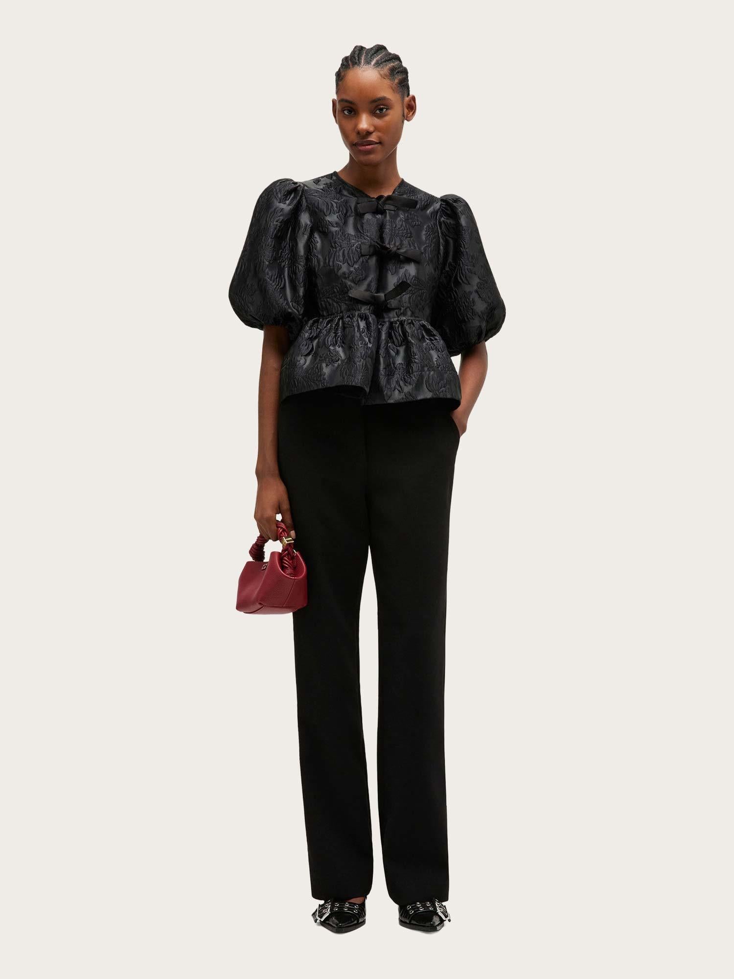 Satin Cloque Peplum Blouse - Black