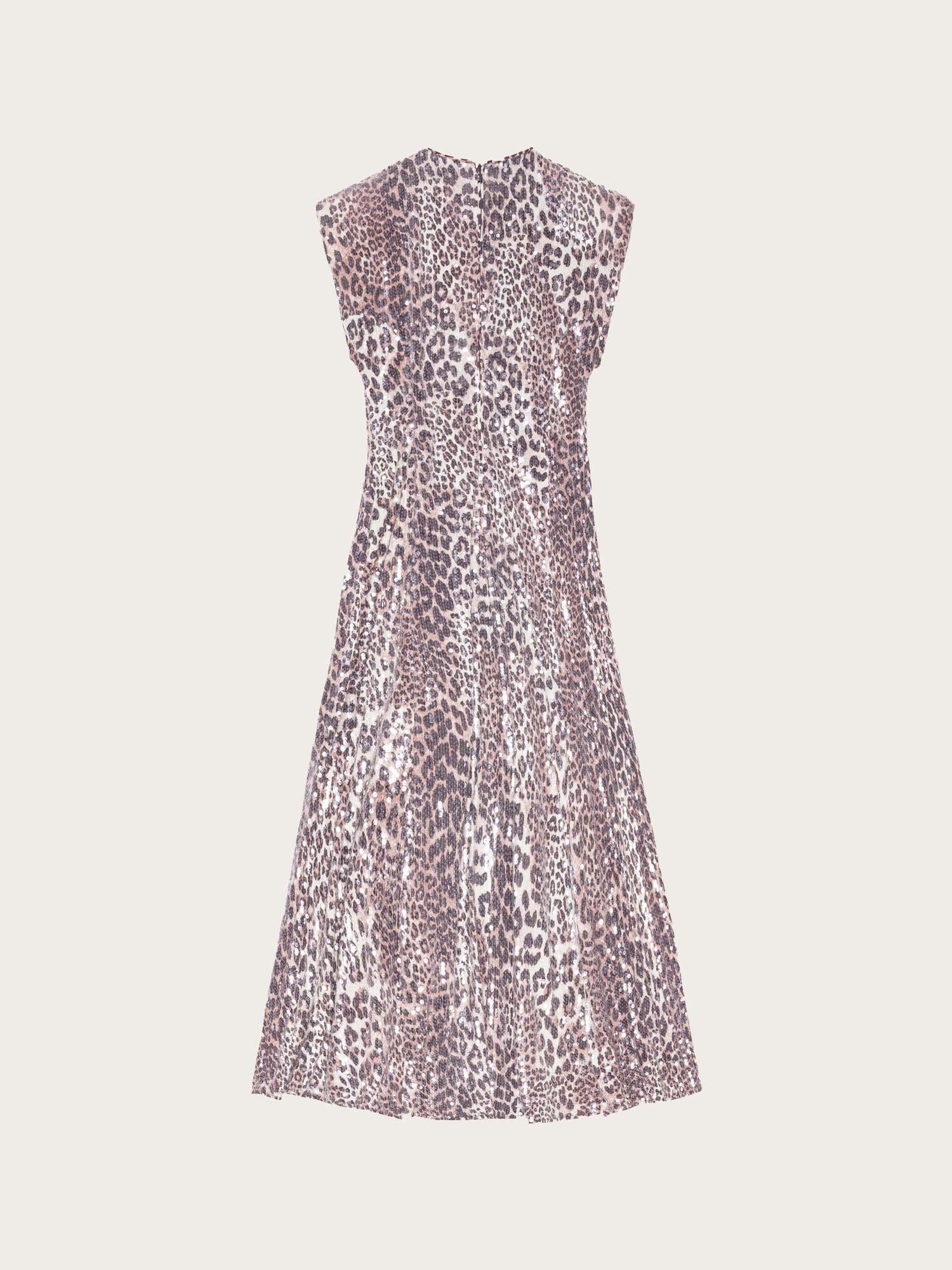 Printed Stretch Sequins Slit Long Dress - Leopard
