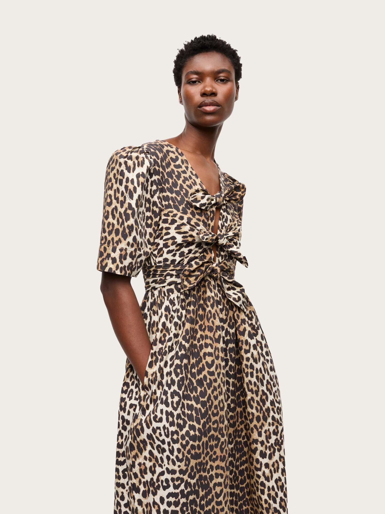Printed Cotton Tie Strap Midi Dress - Leopard