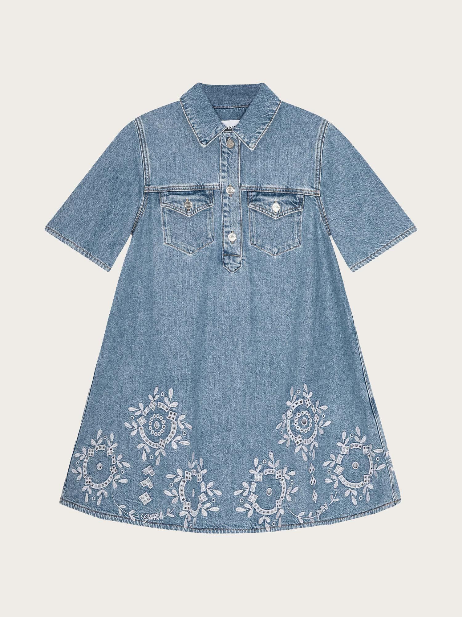 Broderie Anglaise Denim Mini Dress - Light Blue Stone