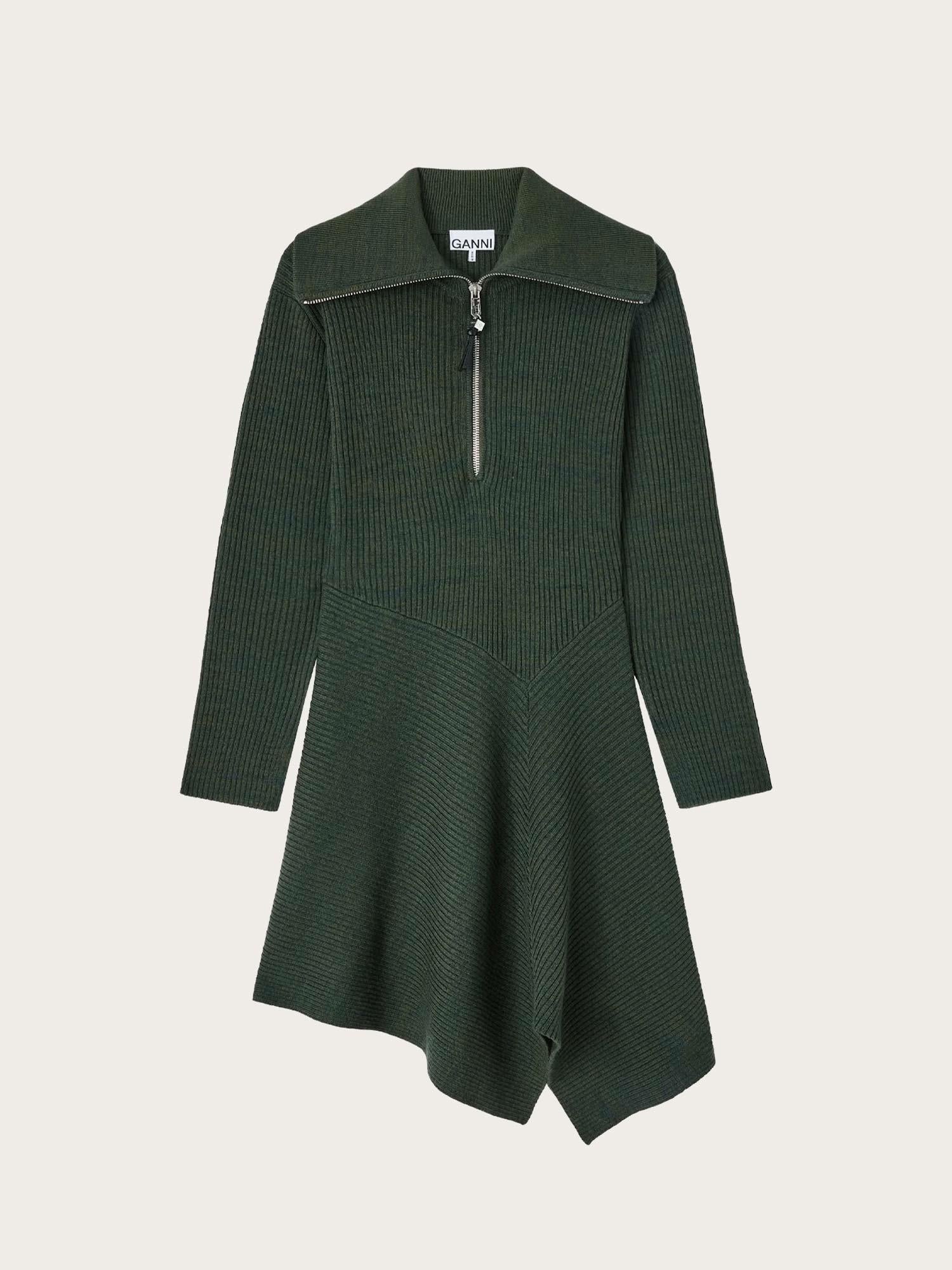 Ribbed Merino Zip Dress - Dark Green