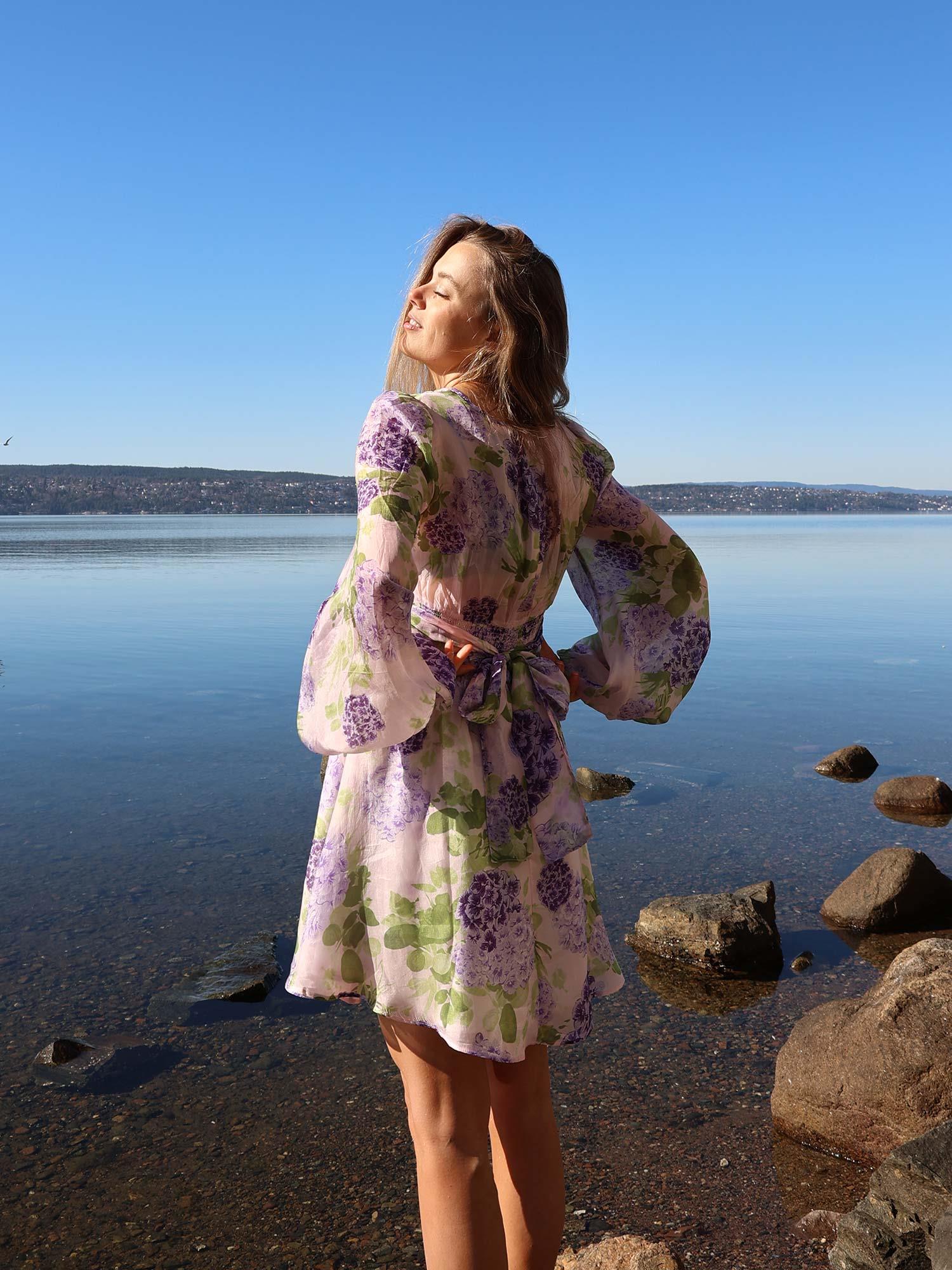 Cupro Tieband Dress - Purple Flowerfield