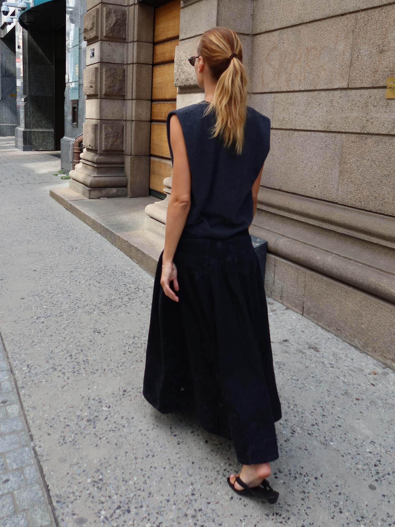 Broderie Anglaise Denim Midi Skirt - Black Washed