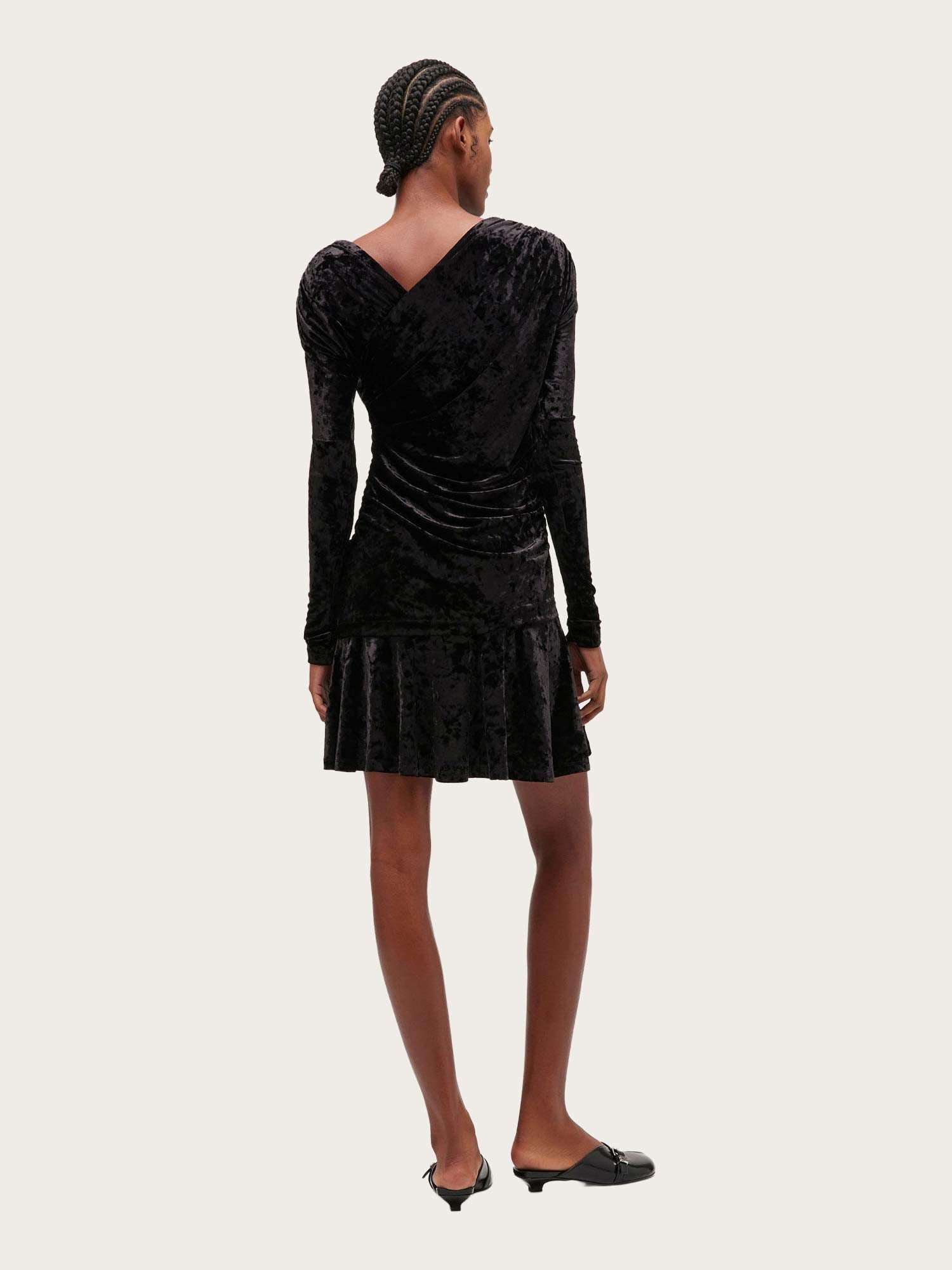 Velour Jersey Crossover Ruched Mini Dress - Black