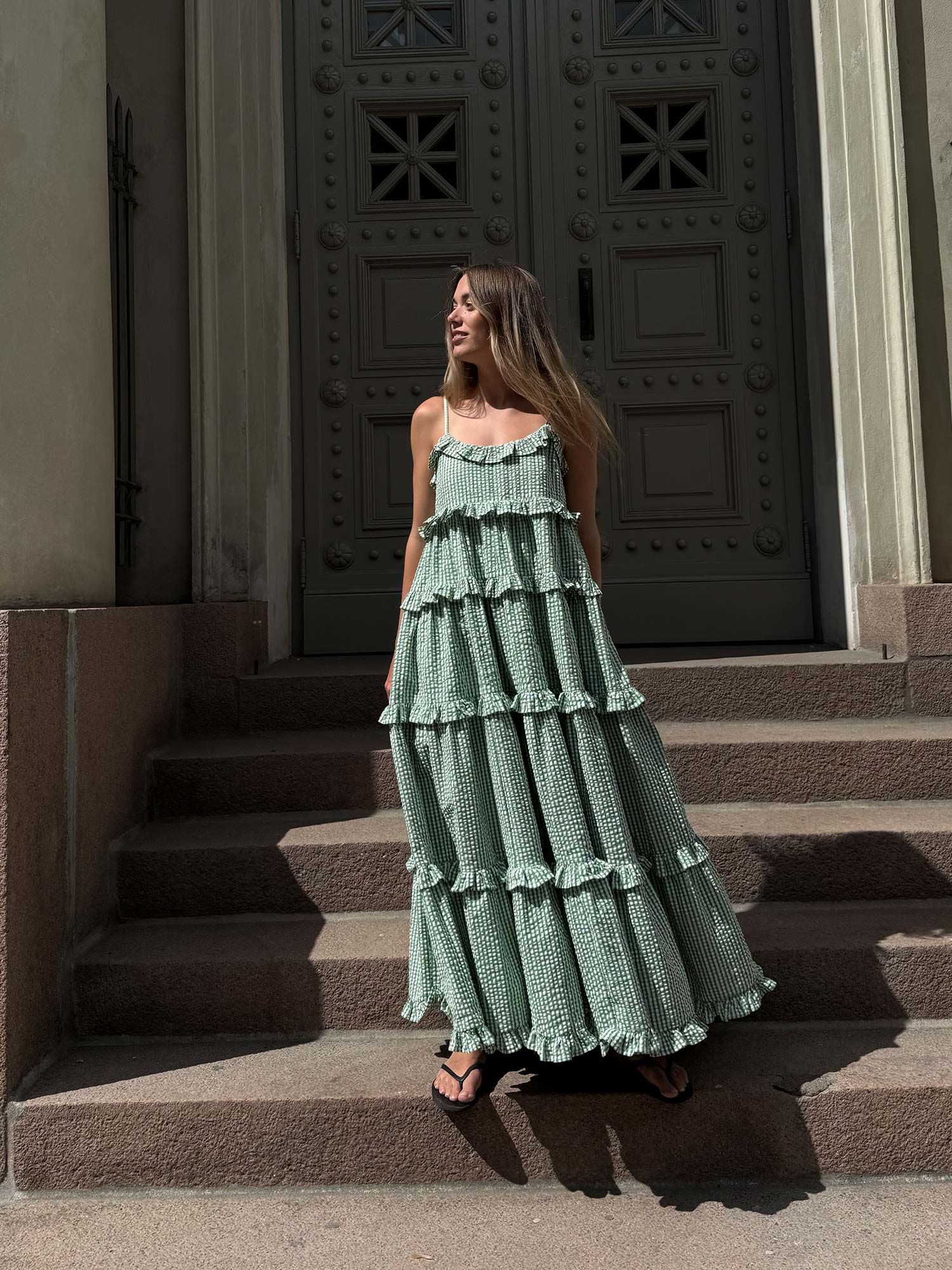 Seersucker Strap Dress - Green Checks