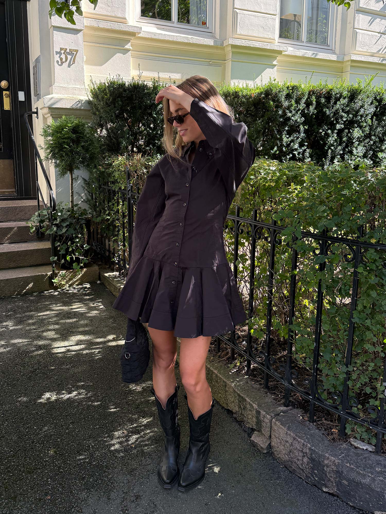 Stretch Cotton Buttoned Mini Dress - Black