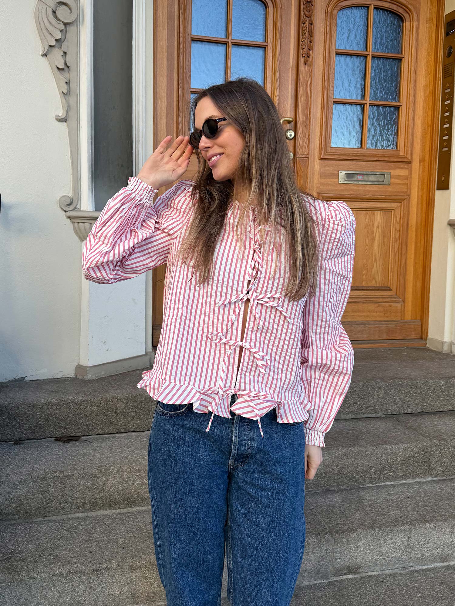 Seersucker Bow Blouse - Pink Stripe