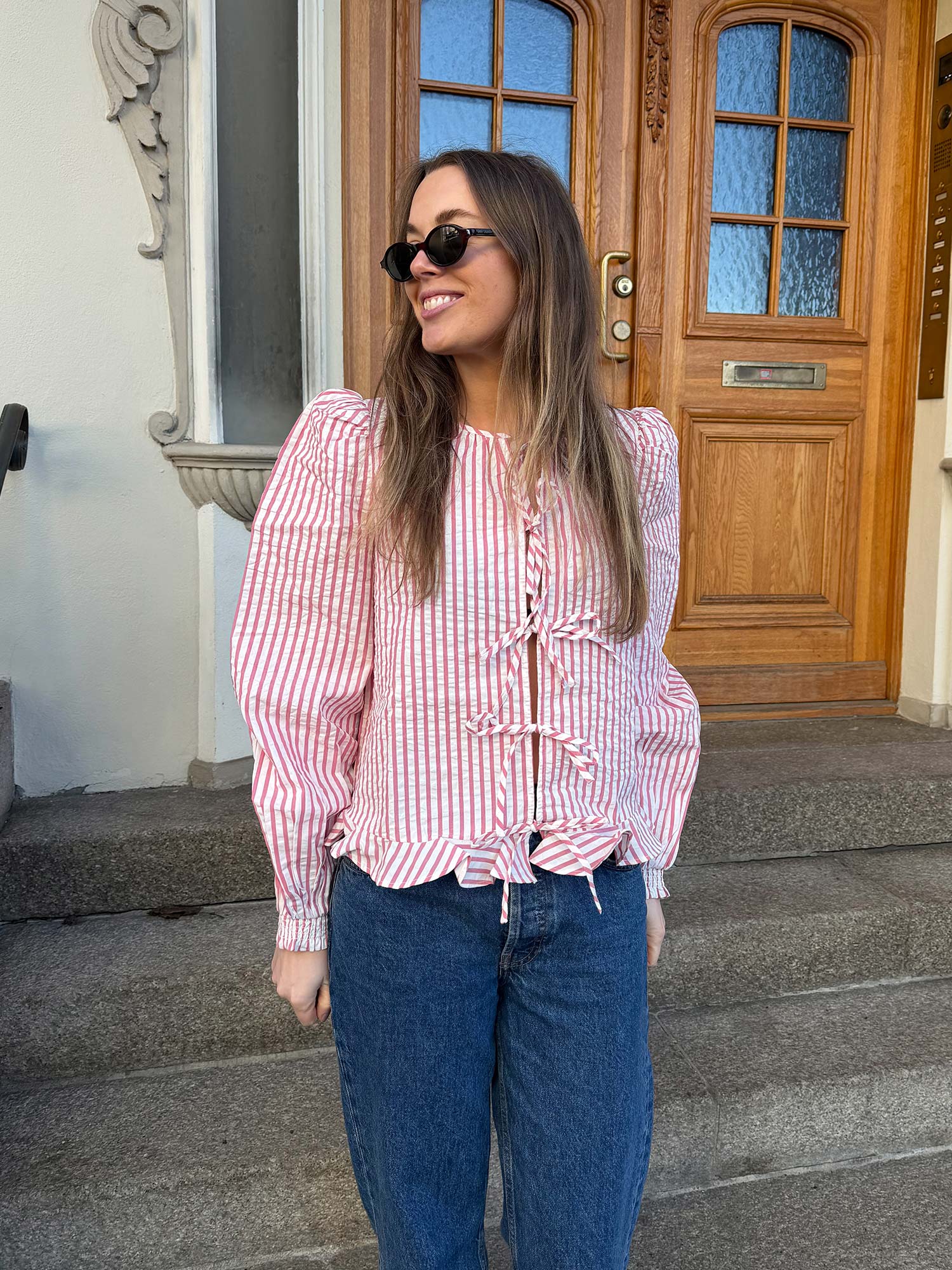 Seersucker Bow Blouse - Pink Stripe