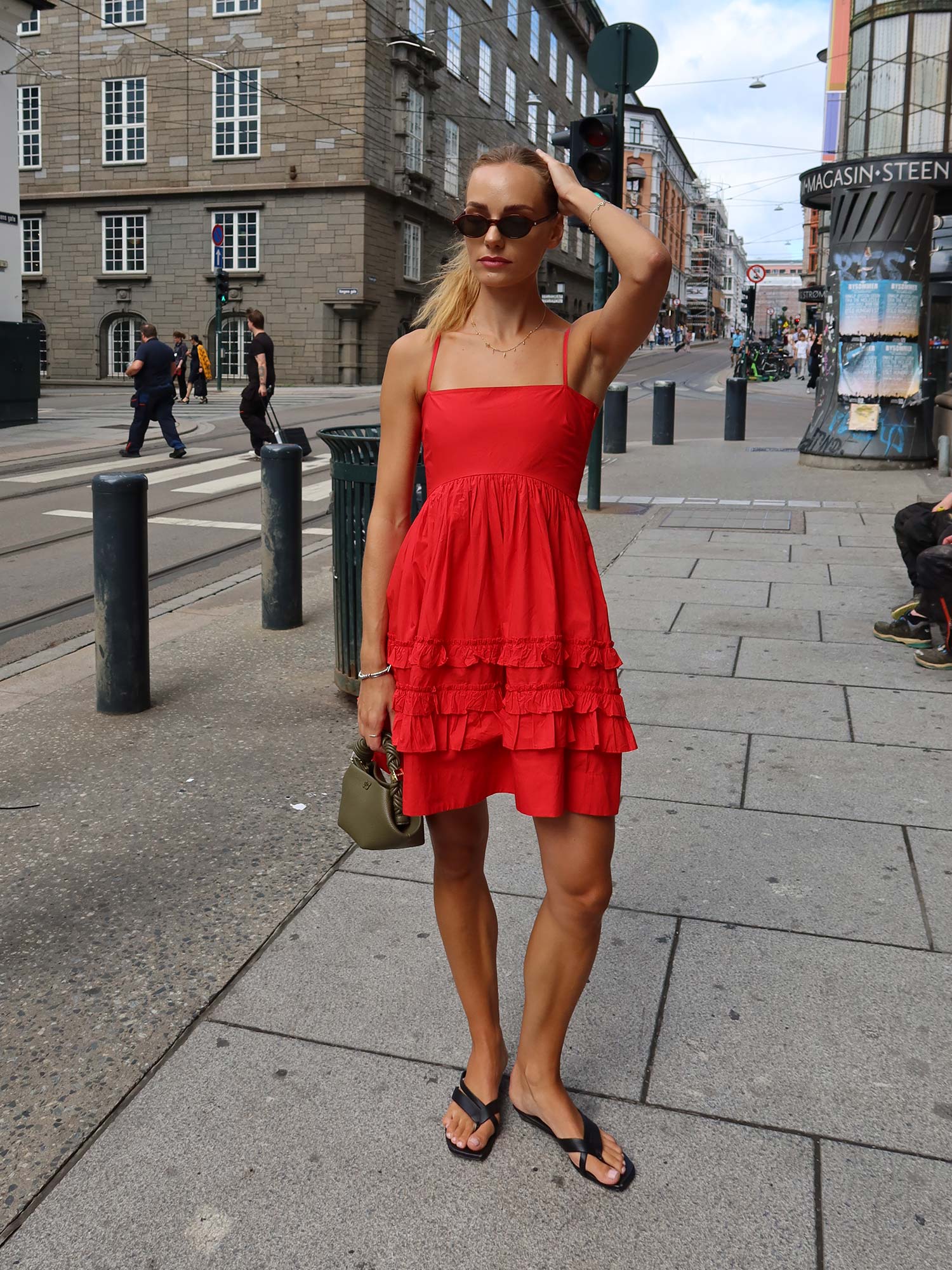 Cotton Poplin Mini Strap Frill Dress - Racing Red