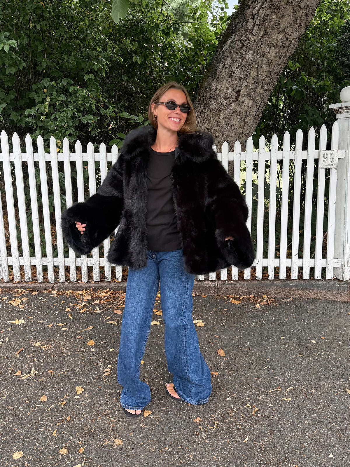 Faux Fur Flared Jacket - Black