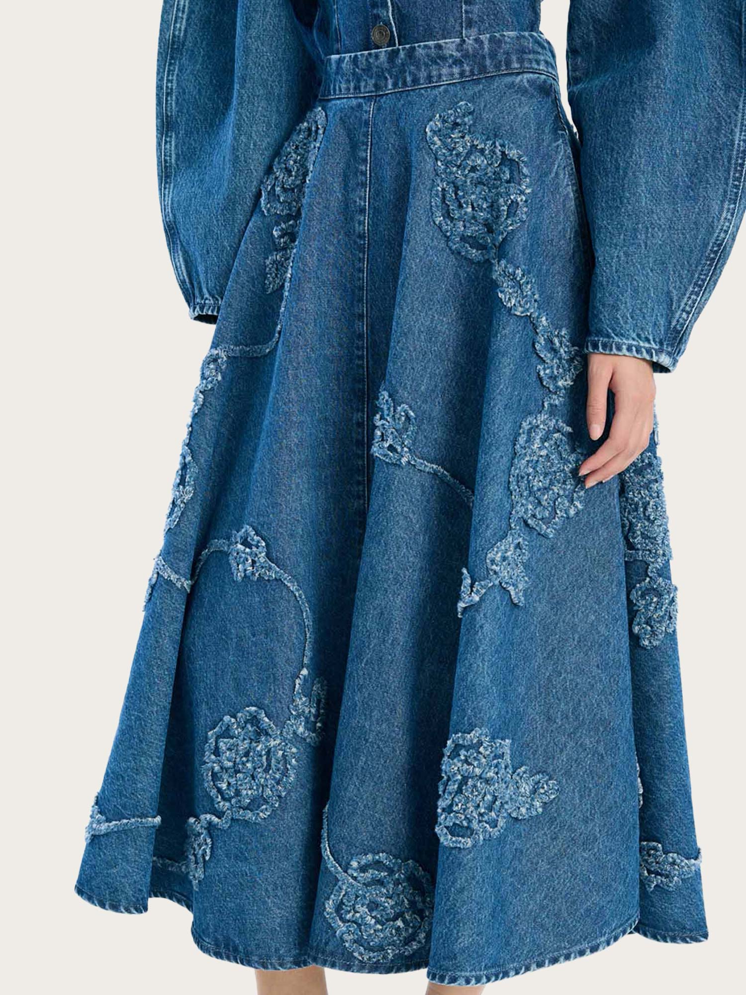 Denim Flower Midi Skirt - Medium Blue Denim