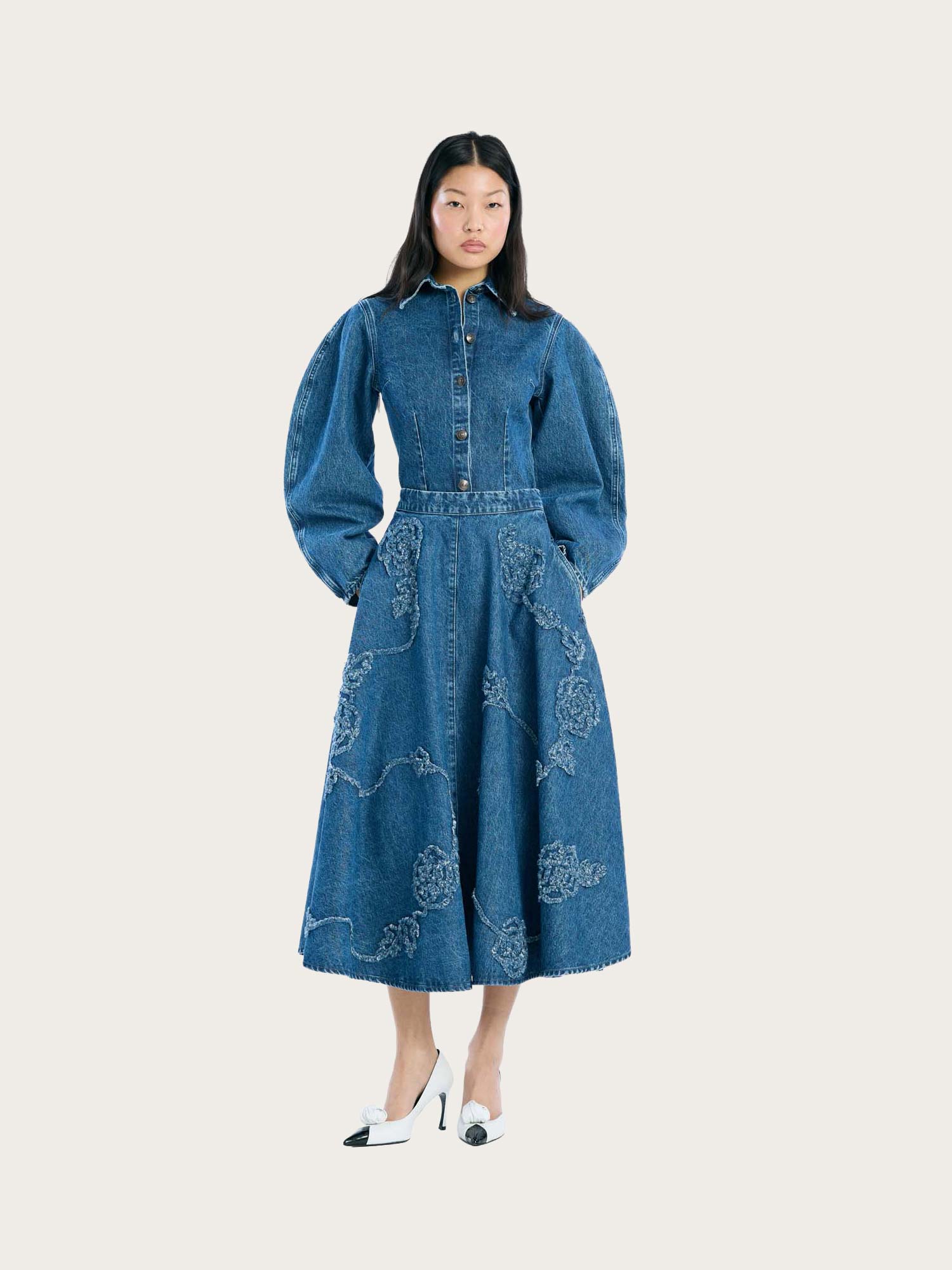 Denim Flower Midi Skirt - Medium Blue Denim