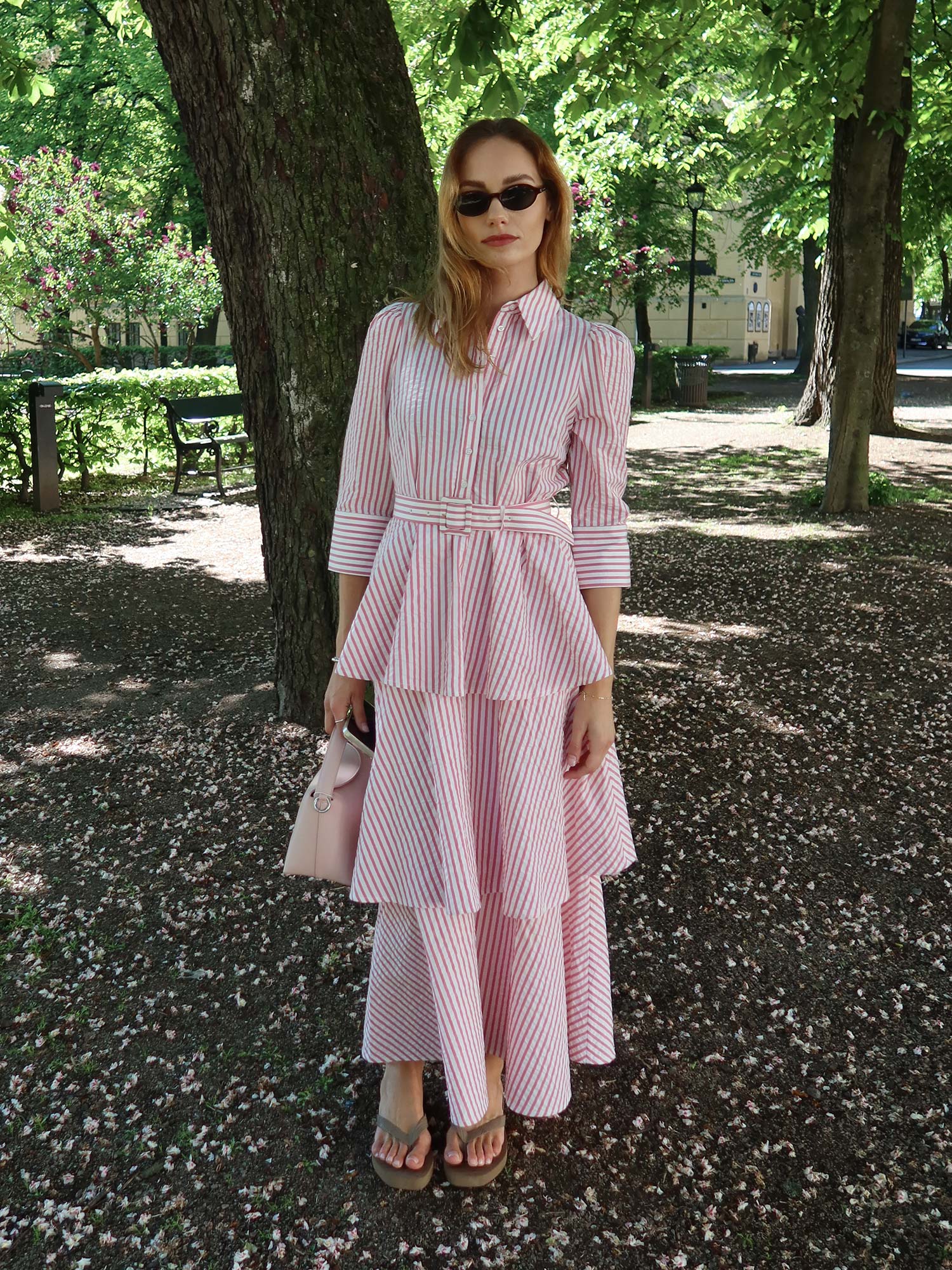 Seersucker Flounce Dress - Pink Stripe