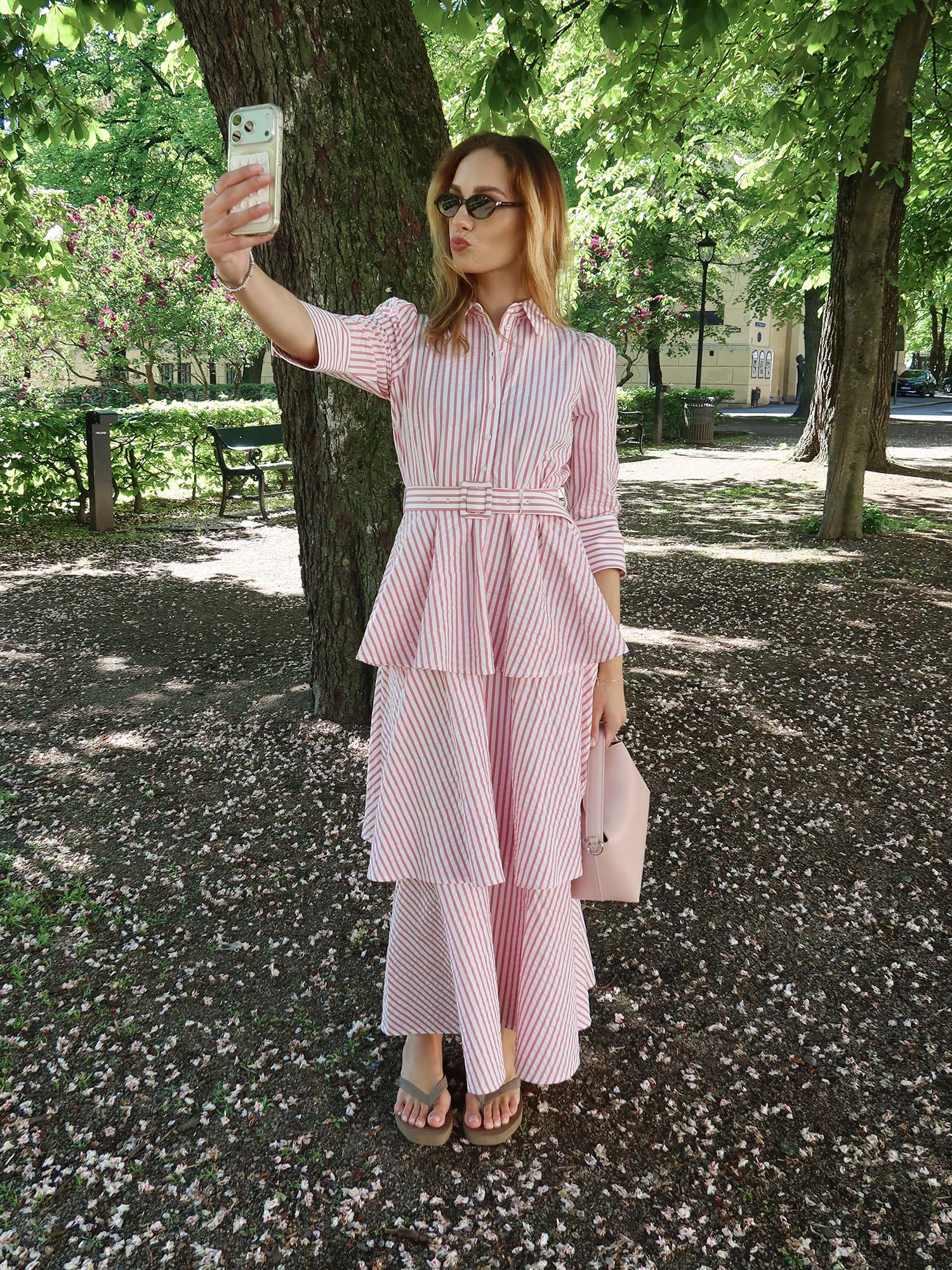 Seersucker Flounce Dress - Pink Stripe