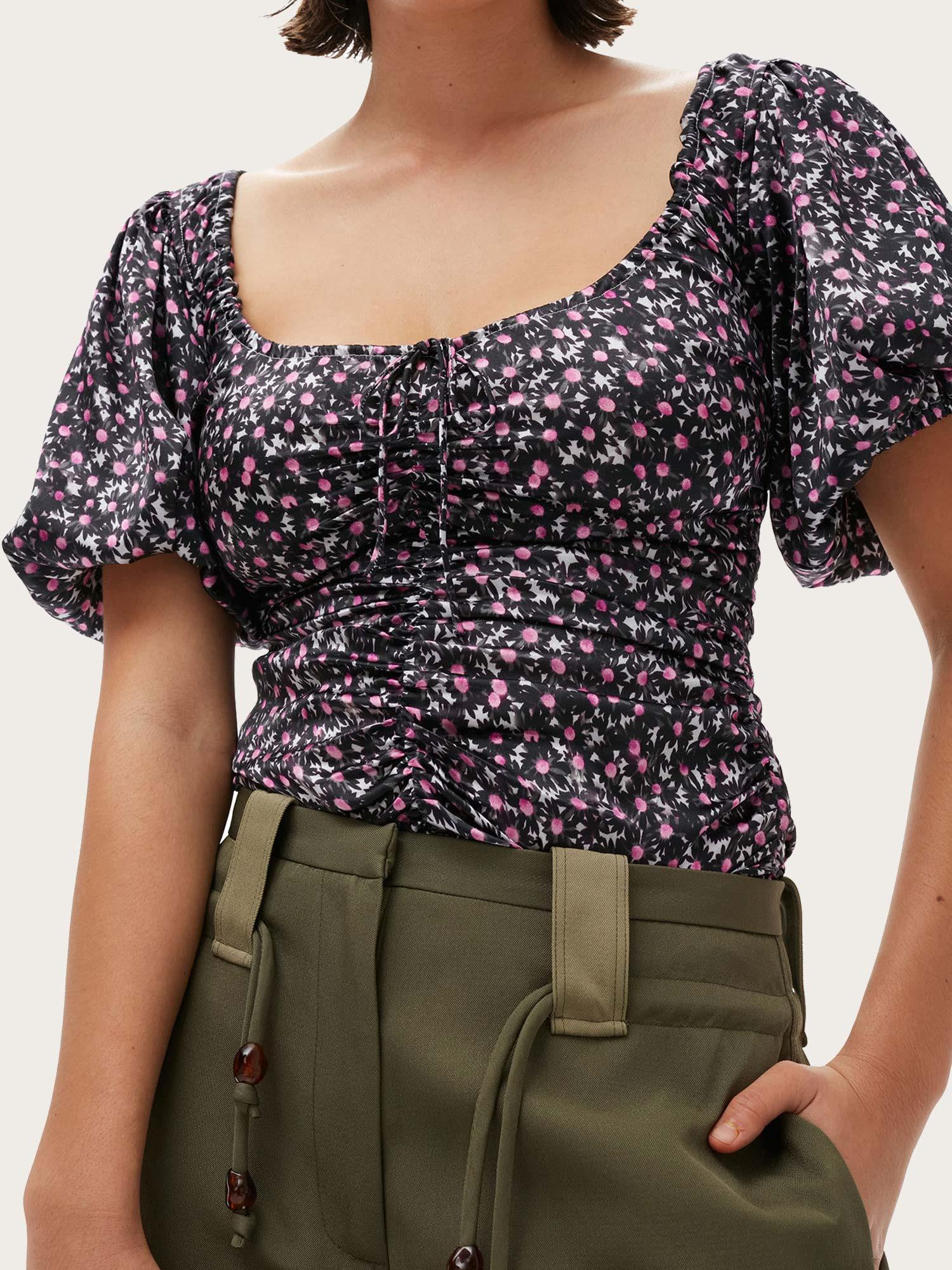 F8031 Silk Stretch Satin Ruched Blouse - Black