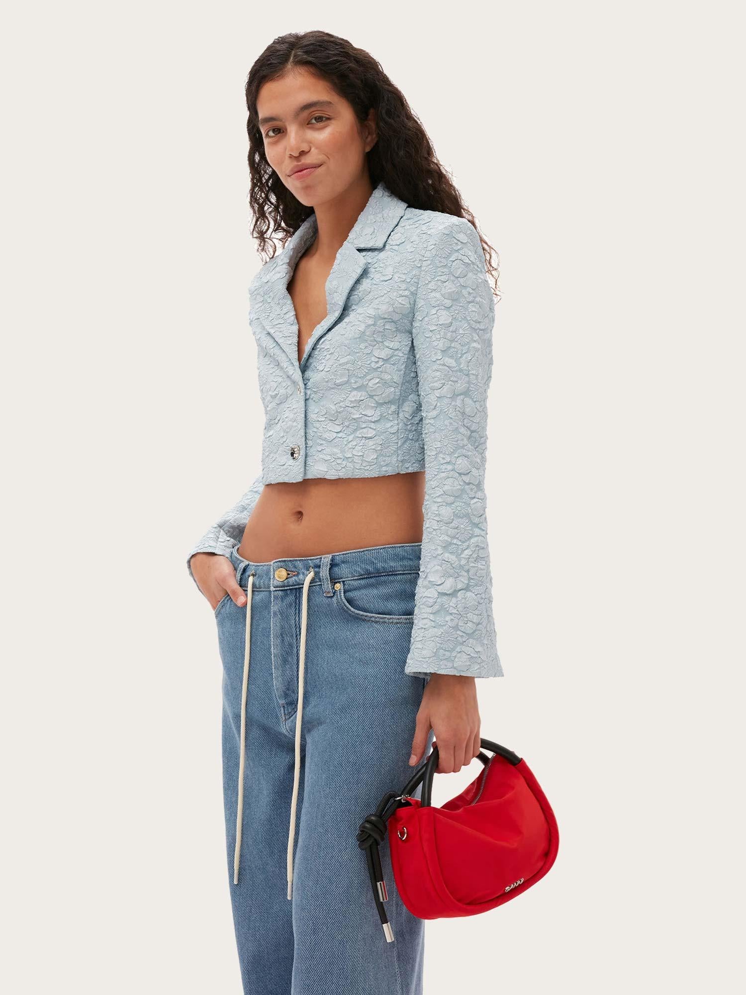F8204 Stretch Jacquard Cropped Blazer - Sky Blue