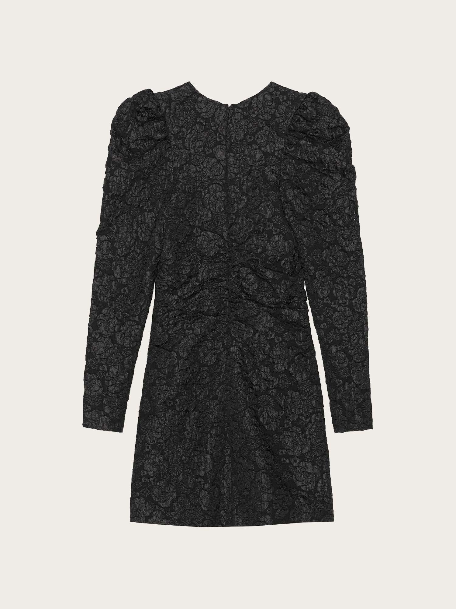 F8497 Stretch Jacquard V-neck Mini Dress - Black