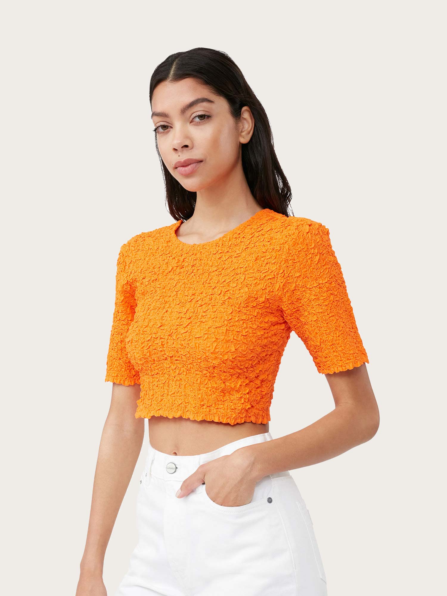 F7708 Cotton Poplin O-Neck Cropped Smock Top - Vibrant Orange
