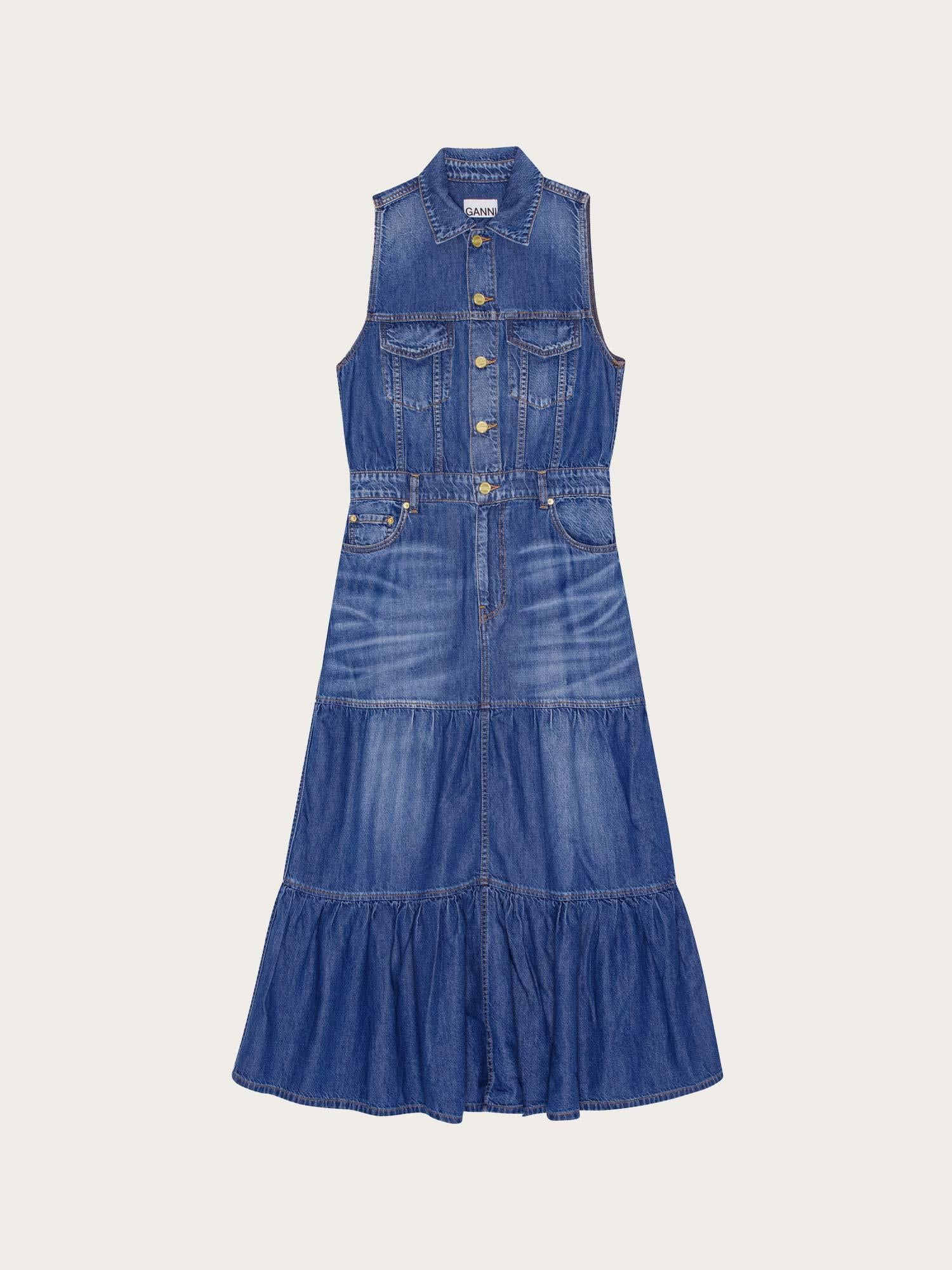 J1486 Light Denim Long Dress - Mid Blue Vintage