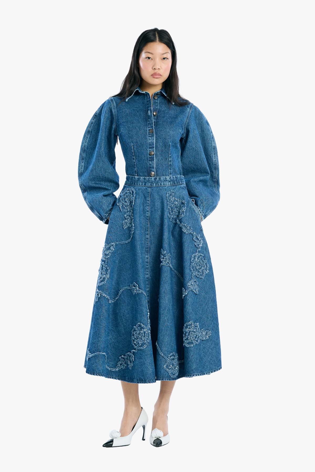 Denim Flower Midi Skirt - Medium Blue Denim