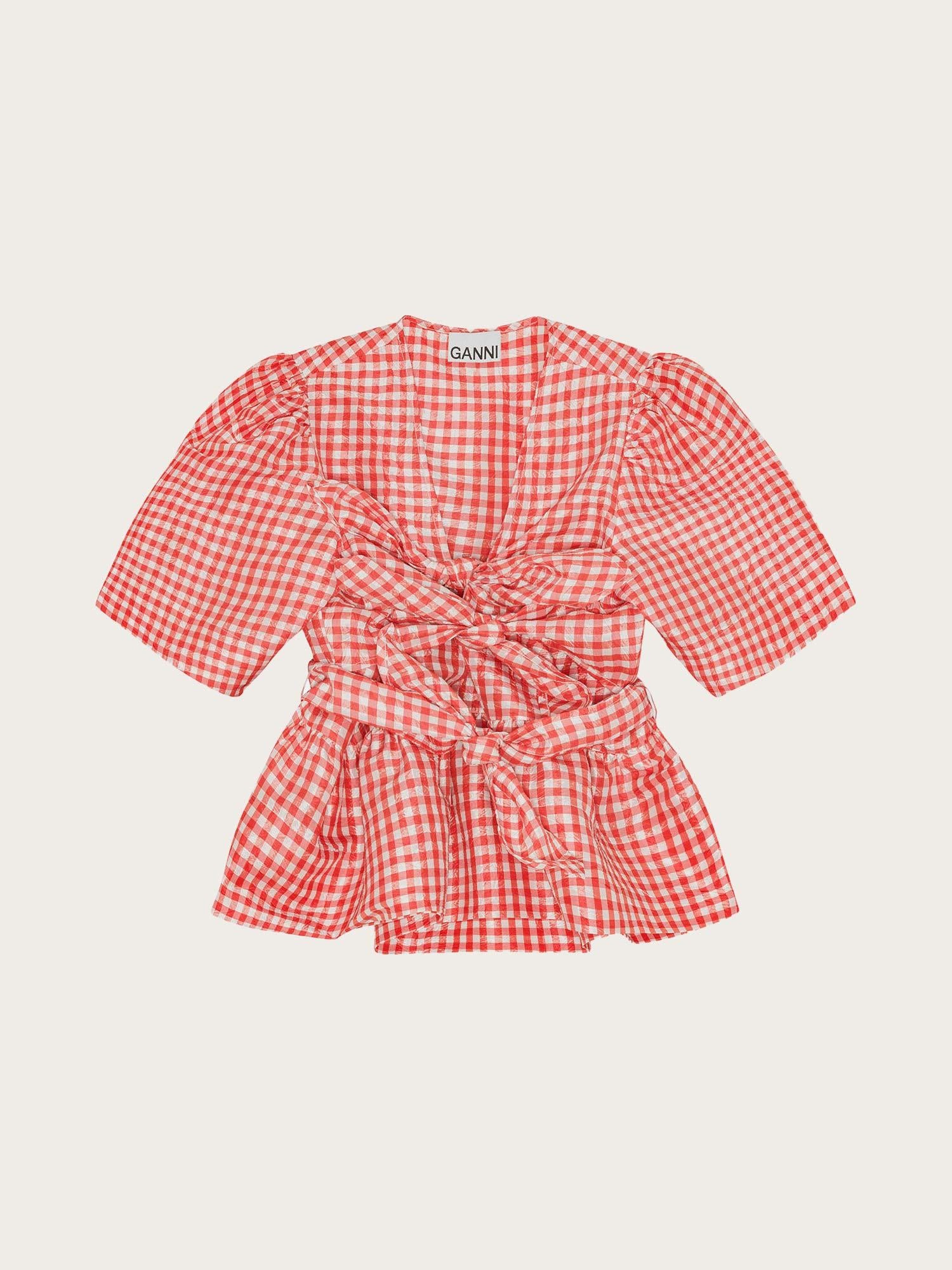 W0843 Crinkled Taffeta Check Tie Strap Blouse - Red Alert