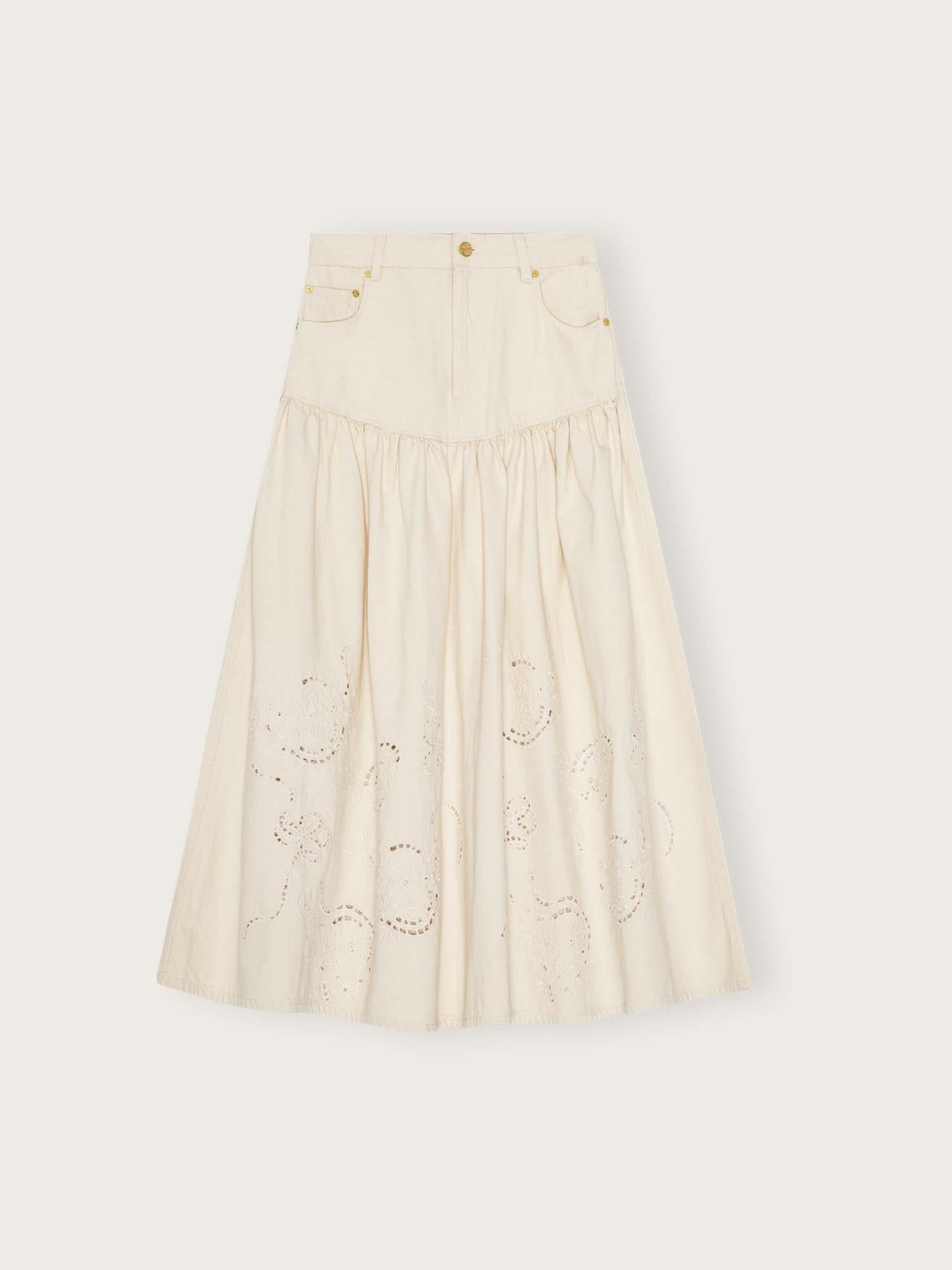 Broderie Anglaise Denim Long Skirt - Egret