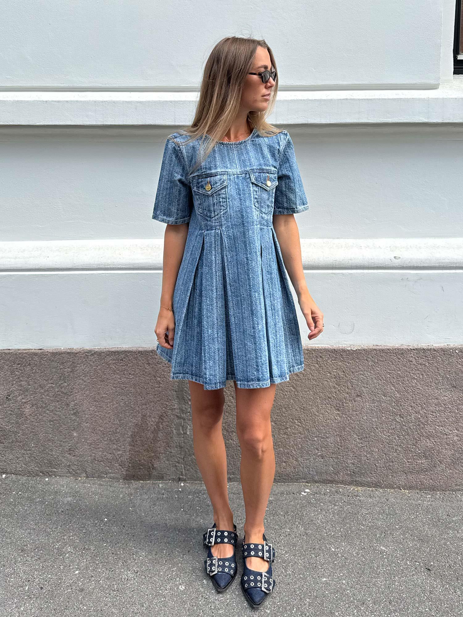 Structured Denim Open-Back Mini Dress - Mid Blue Stone