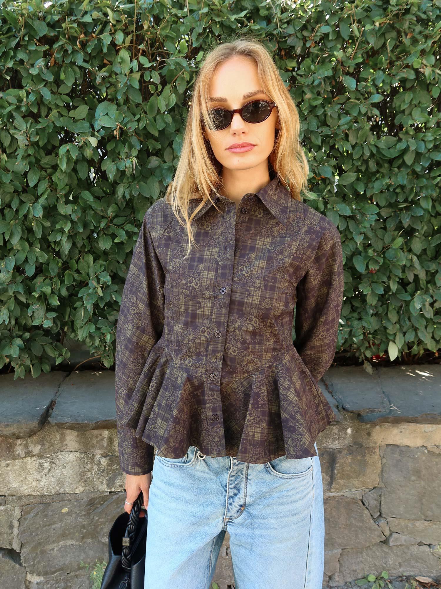 Printed Stretch Cotton Peplum Shirt - Gothic Olive