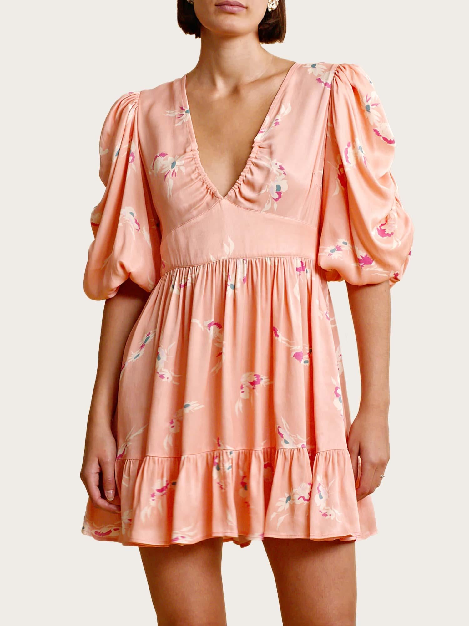 Crepe Satin Puffed Mini Dress - Flowing Flowers