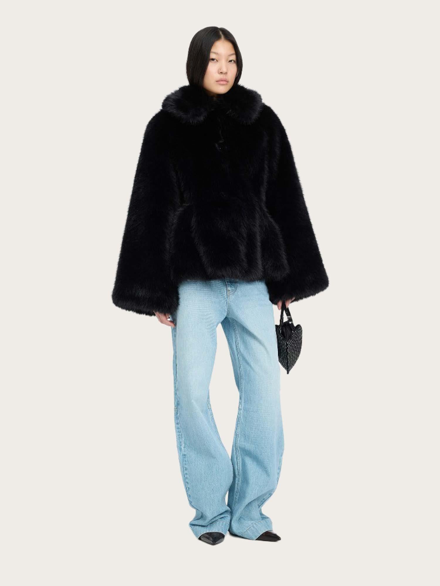 Faux Fur Flared Jacket - Black