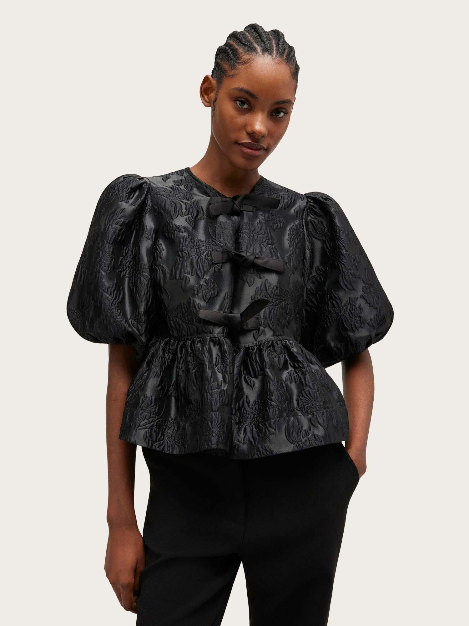 Satin Cloque Peplum Blouse - Black