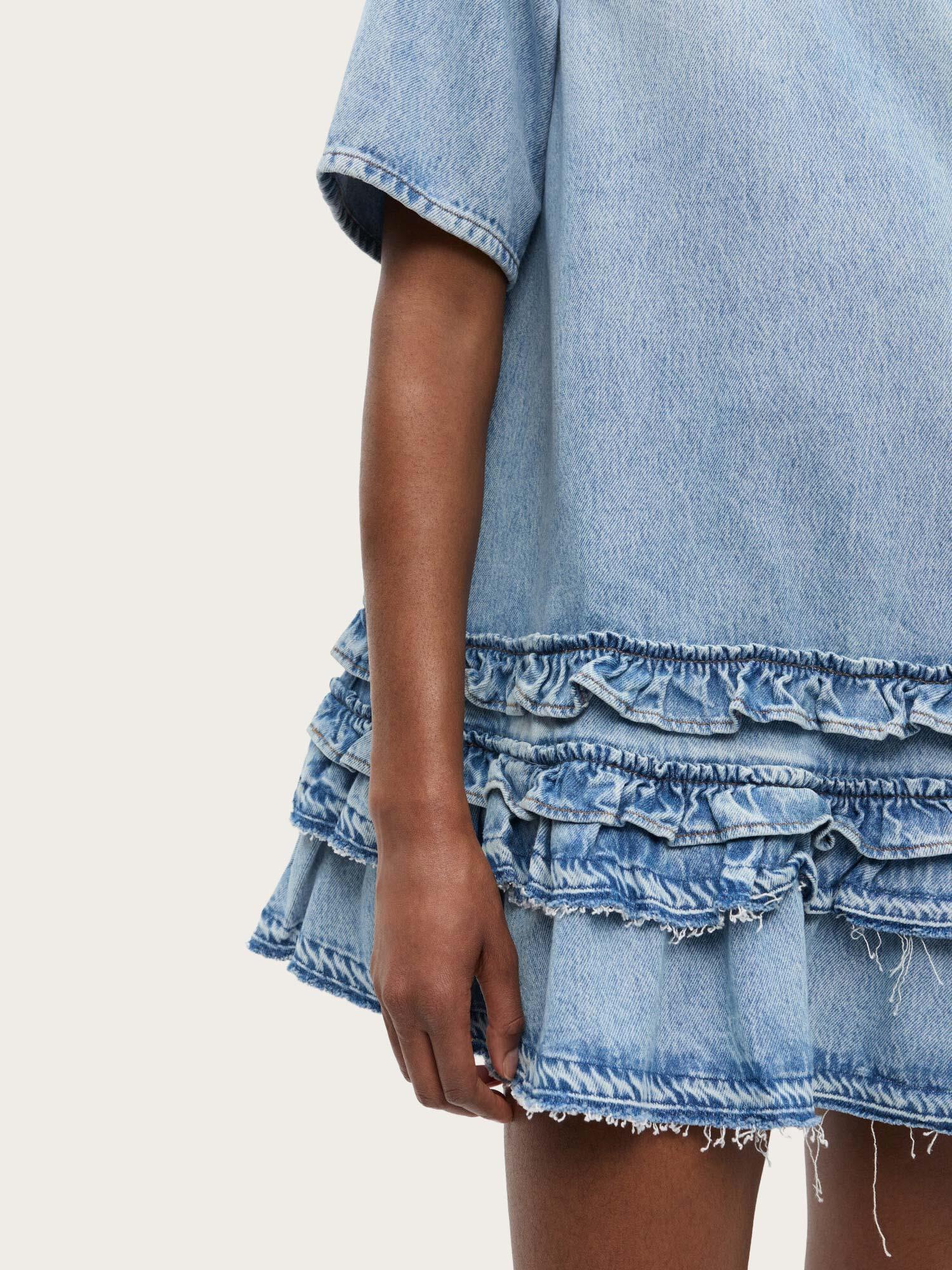 J1857 Soft Rigid Denim Open Back Frill Mini Dress - Light Blue Stone