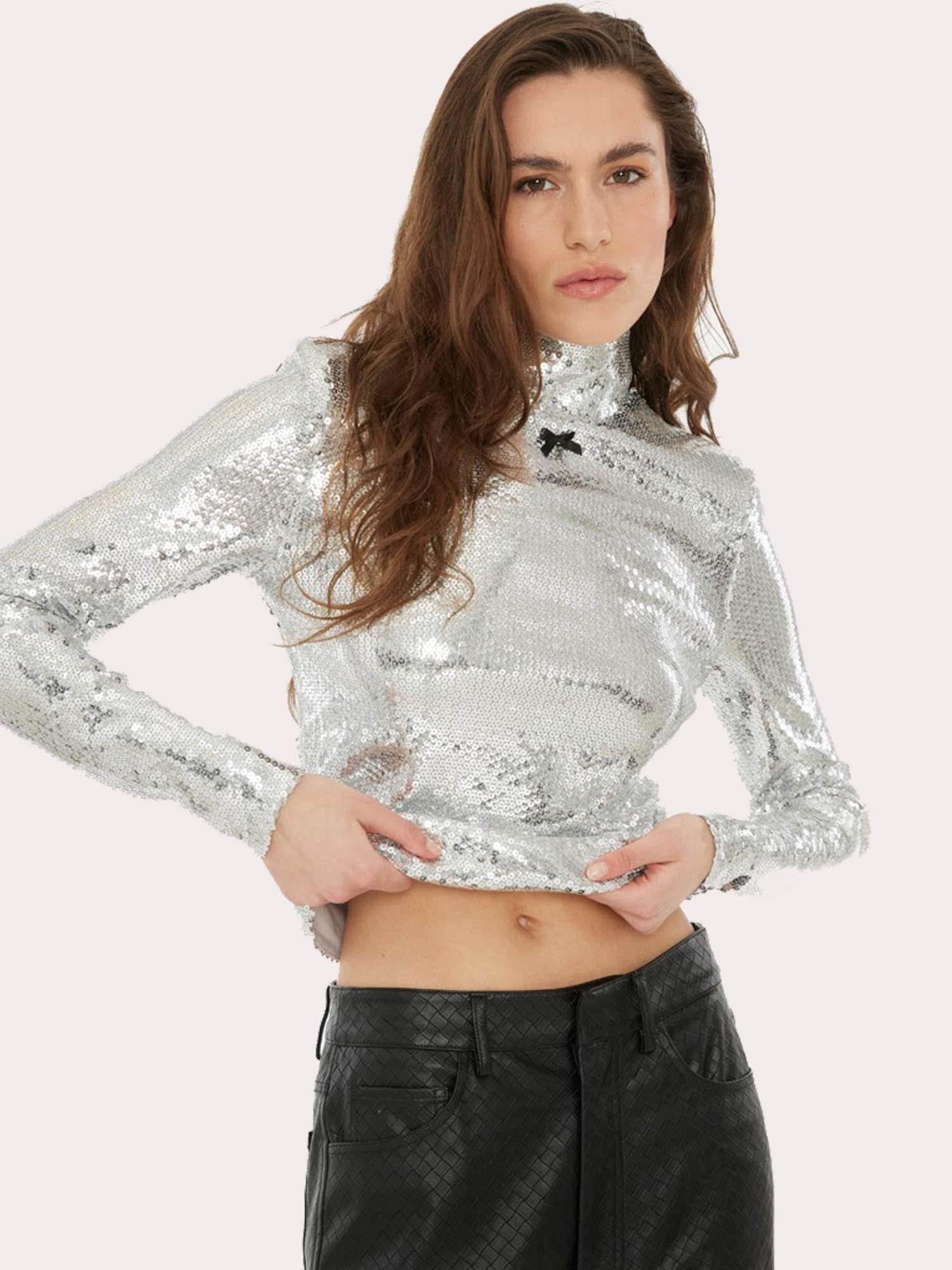 Sequin High Collar Top - Silver