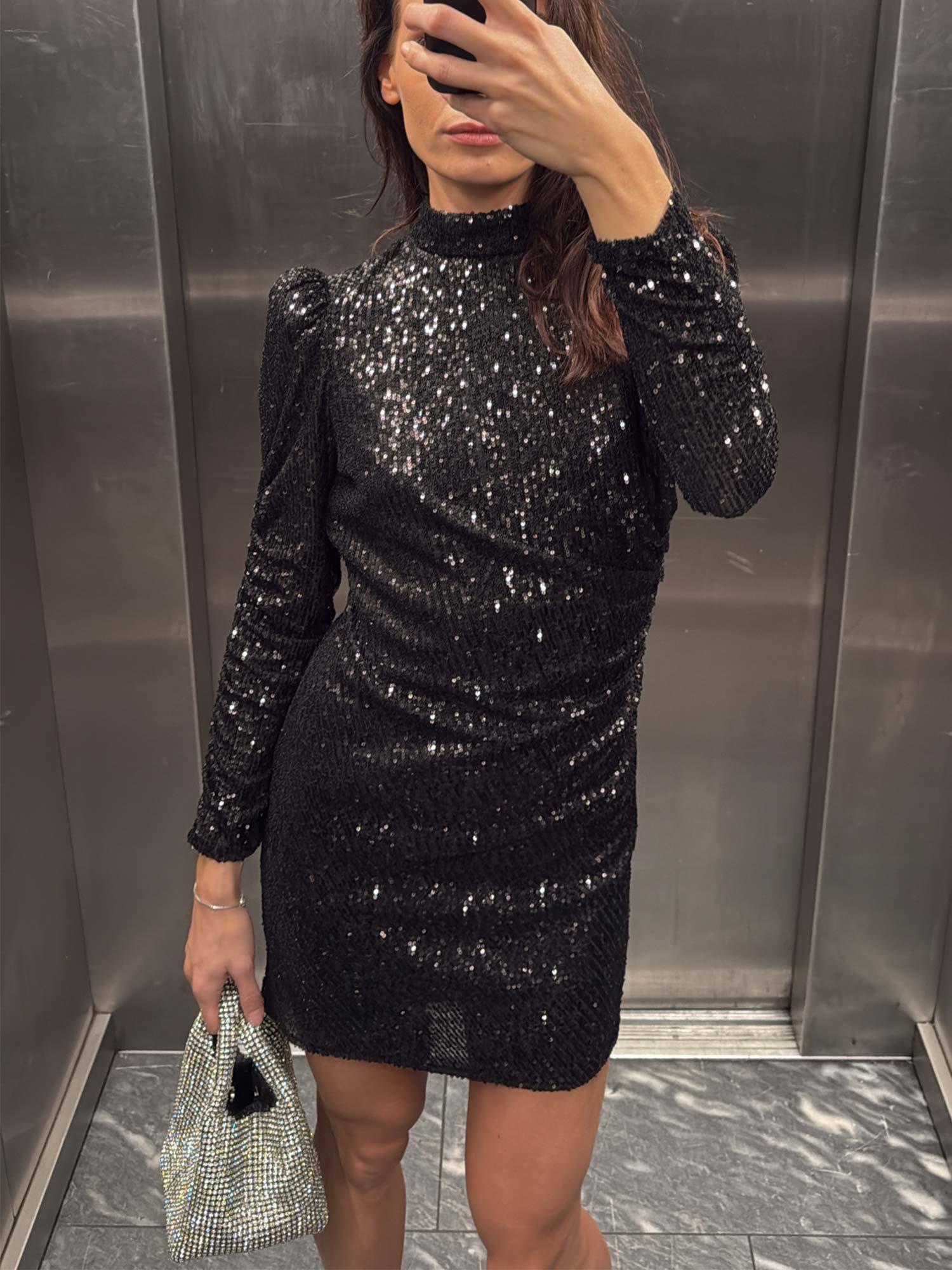 Sequins Rouching Dress - Black