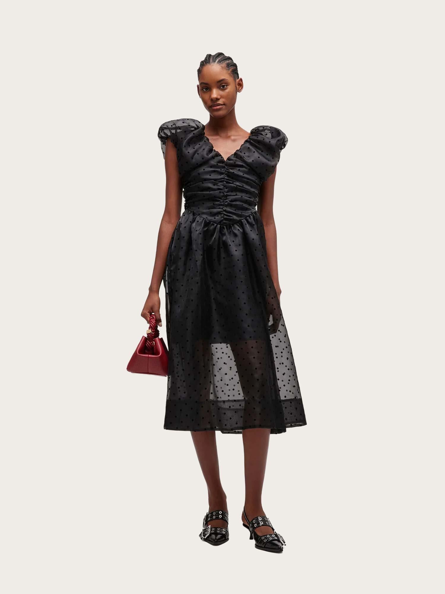 Flocked Organza Long Ruched Dress - Black